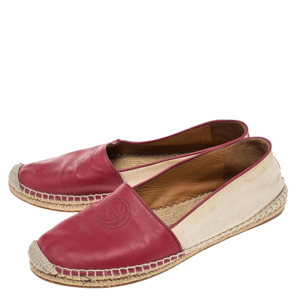 Brown Gucci Red/Beige Canvas And Leather Espadrilles Flats Size 37.5