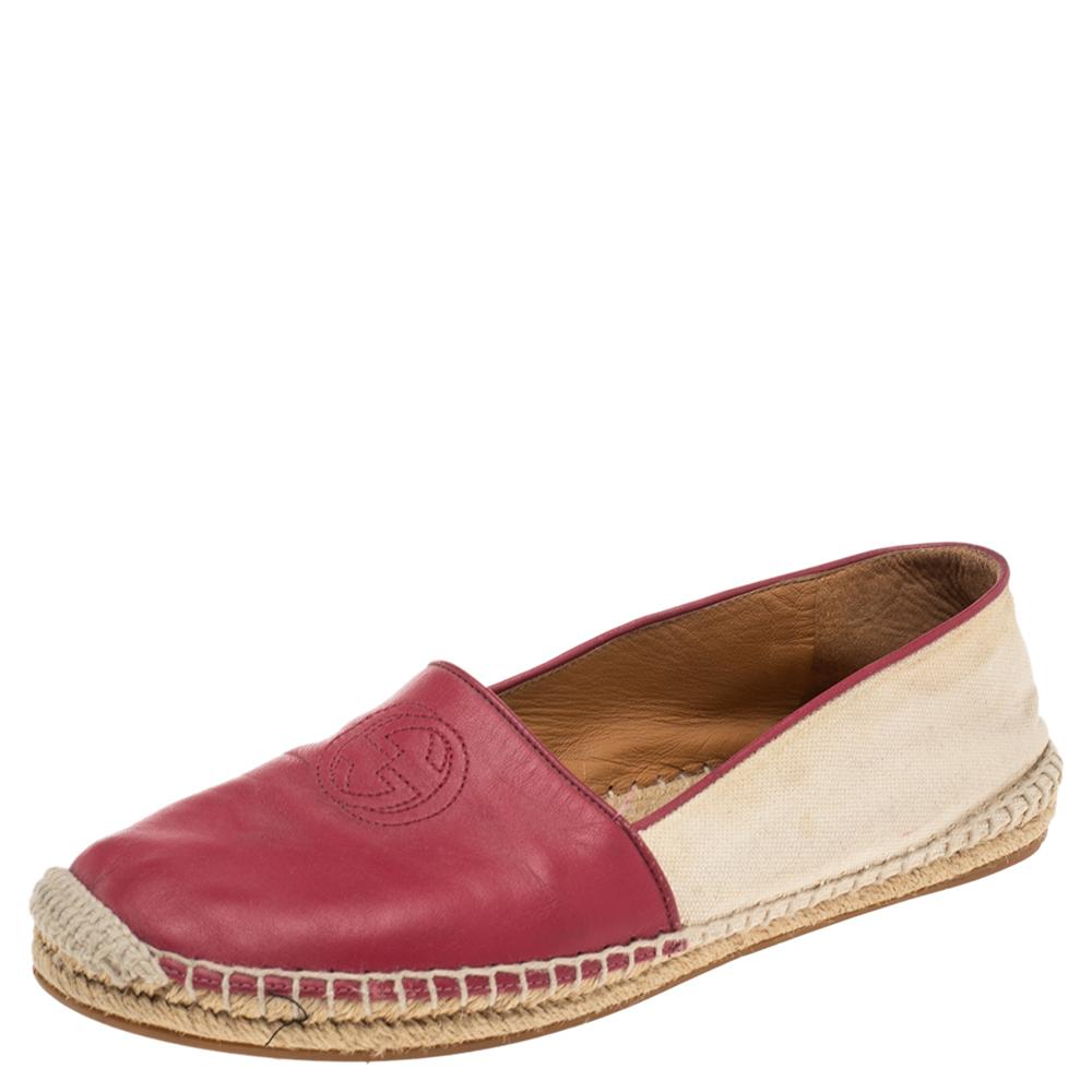 Gucci Red/Beige Canvas And Leather Espadrilles Flats Size 37.5 In Good Condition In Dubai, Al Qouz 2