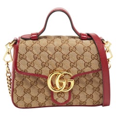 Gucci Red/Beige Diagonal Quilt Canvas and Leather Mini GG Marmont Top Handle Bag