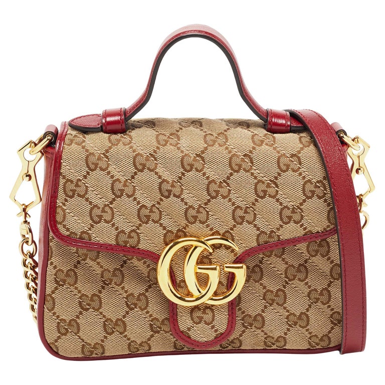 Gucci Red/Beige Diagonal Quilt Canvas and Leather Mini GG Marmont Top Handle Bag For Sale at 1stDibs