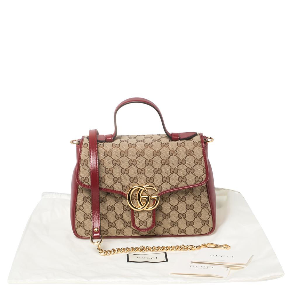 Gucci Red/Beige GG Canvas and Leather Small GG Marmont Top Handle Bag 2