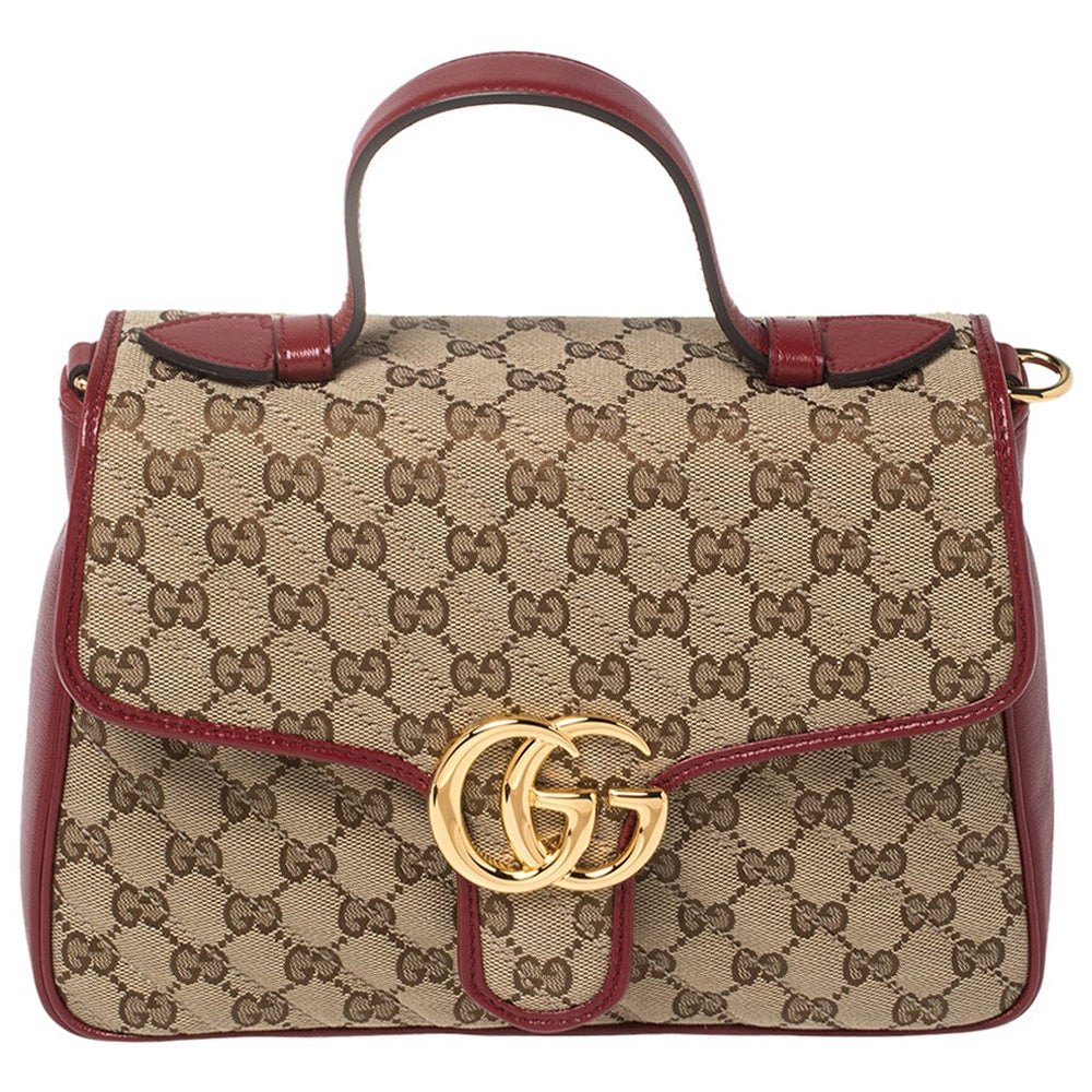 Gucci Rot/Beige GG Canvas und Leder Kleine GG Marmont Tasche mit Griff oben