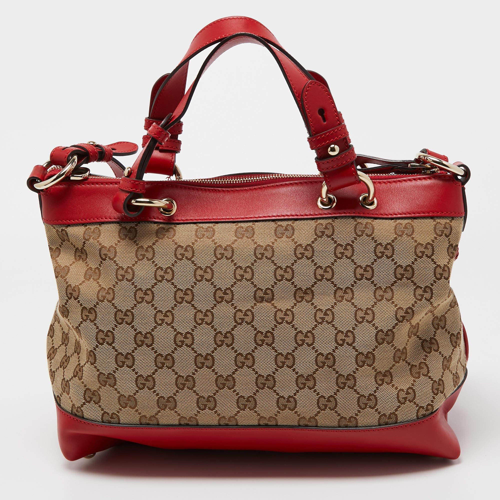 Gucci Red/Beige GG Canvas and Leather Valentine Tote 1