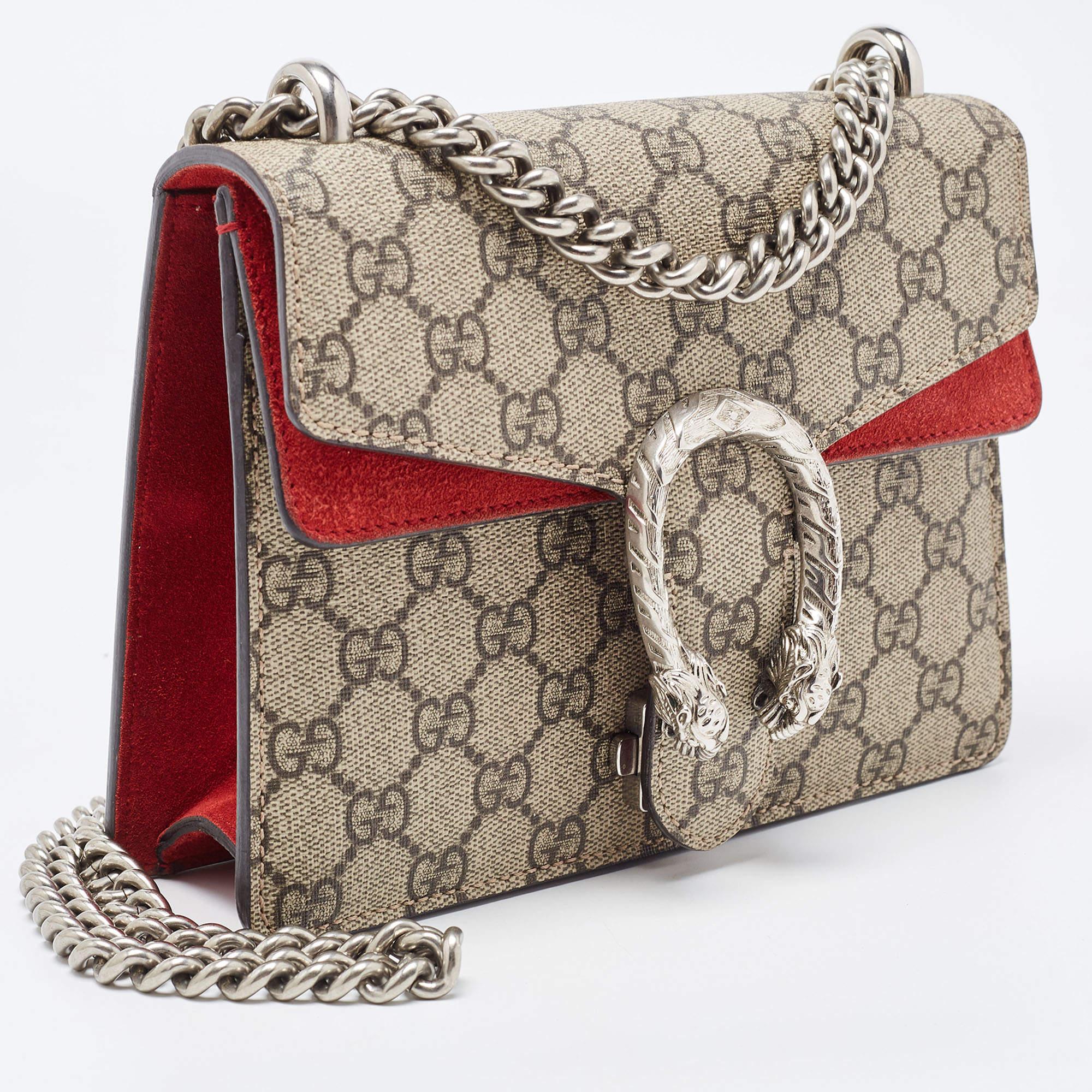 Gucci Red/Beige GG Supreme Canvas and Suede Mini Dionysus Shoulder Bag In Excellent Condition In Dubai, Al Qouz 2