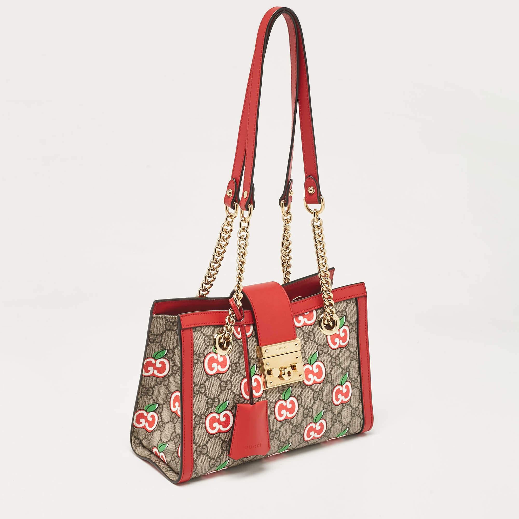 Pink Gucci Red/Beige GG Supreme Canvas Apple Print Small Padlock Shoulder Bag