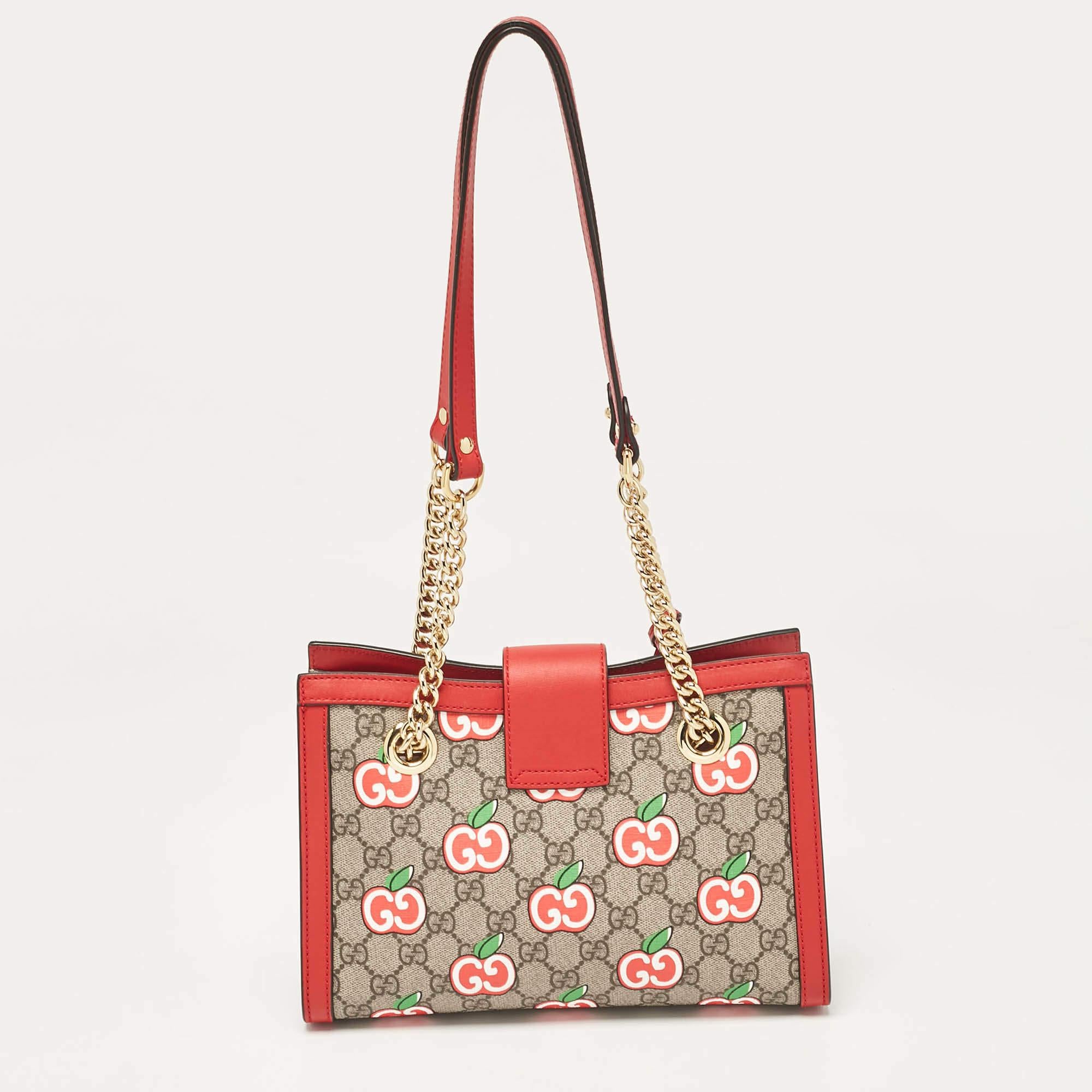 Gucci Red/Beige GG Supreme Canvas Apple Print Small Padlock Shoulder Bag In Good Condition In Dubai, Al Qouz 2
