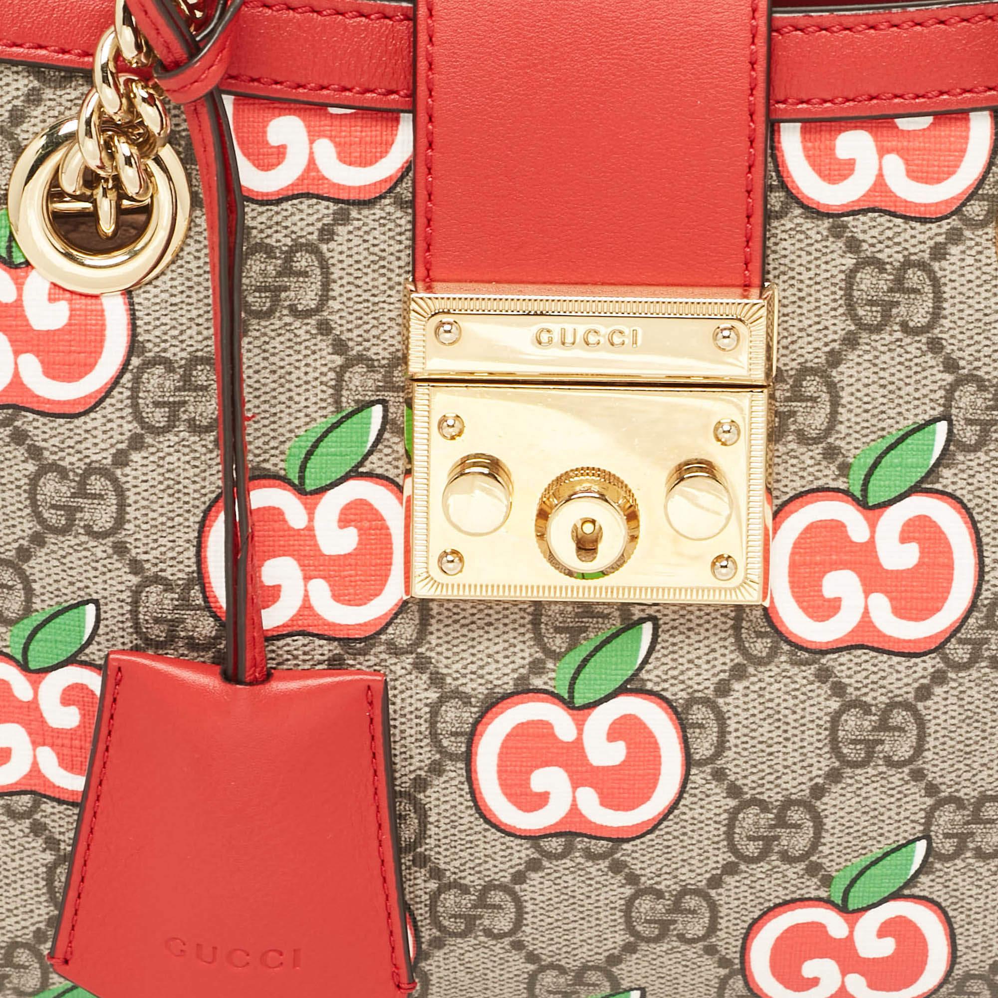 Women's Gucci Red/Beige GG Supreme Canvas Apple Print Small Padlock Shoulder Bag