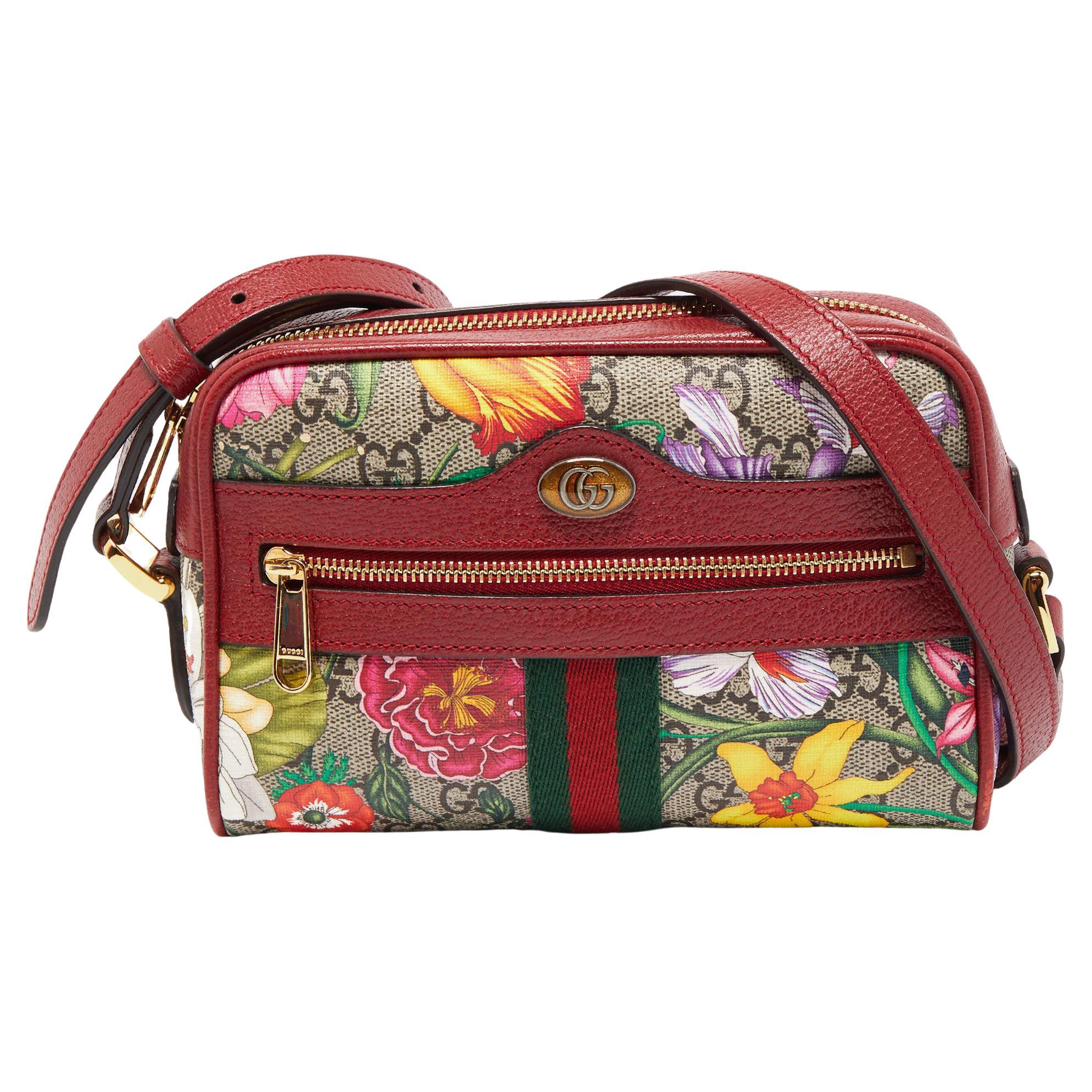 Gucci Red/Beige GG Supreme Canvas Mini Floral Ophidia Crossbody Bag