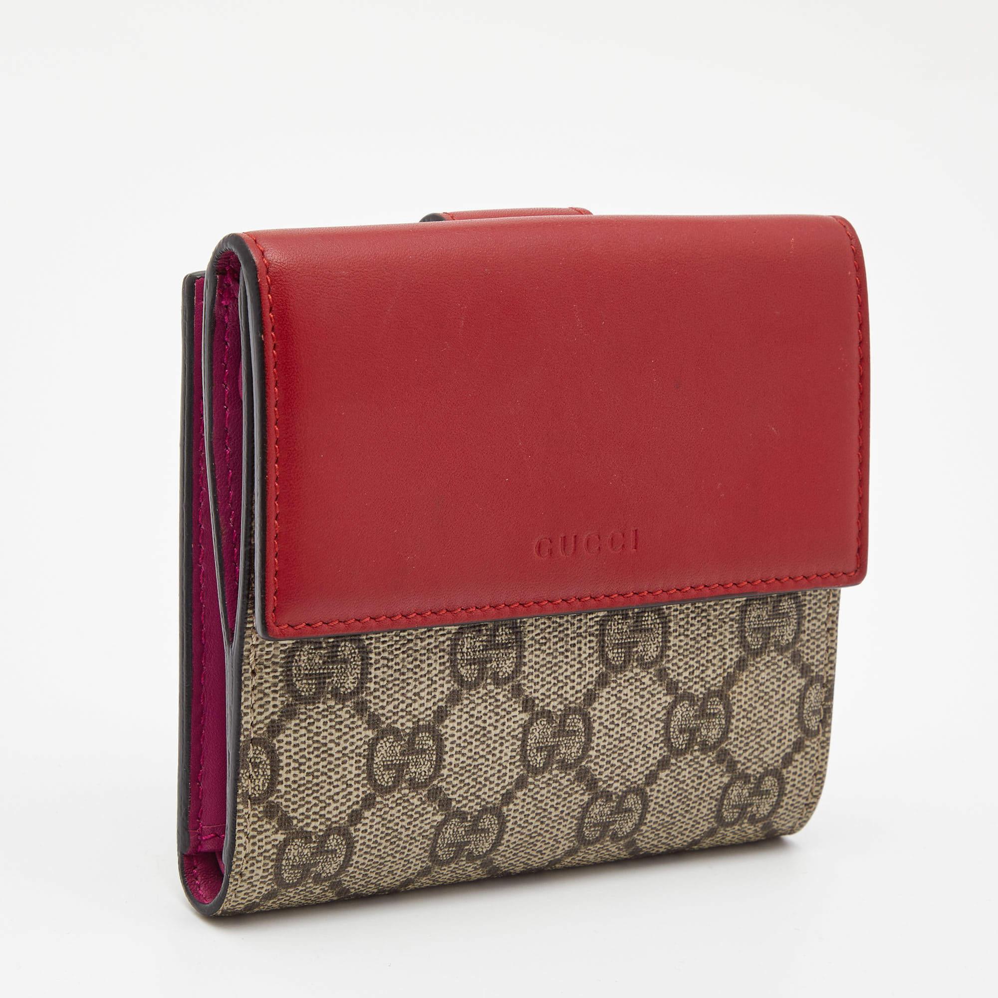 Brown Gucci Red/Beige GG Supreme Coated Canvas and Leather French Flap Wallet For Sale