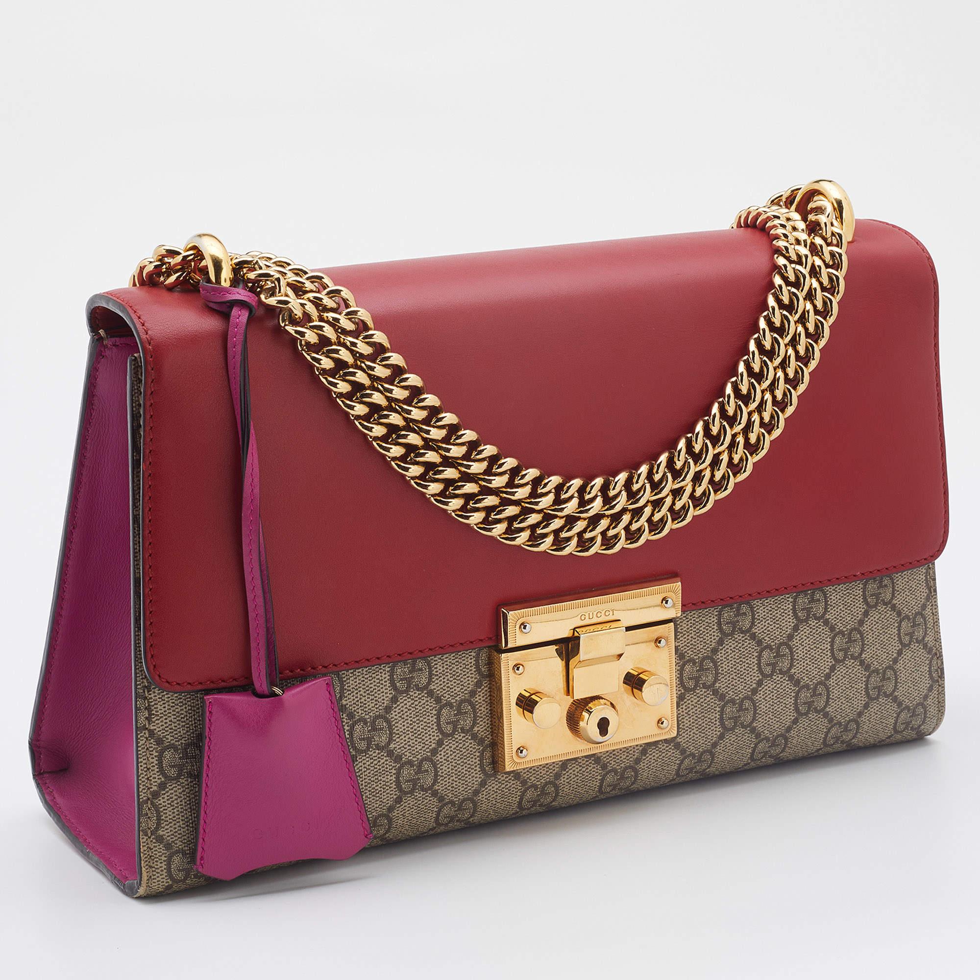 Women's Gucci Red/Beige GG Supreme Coated Canvas Medium Padlock Shoulder Bag
