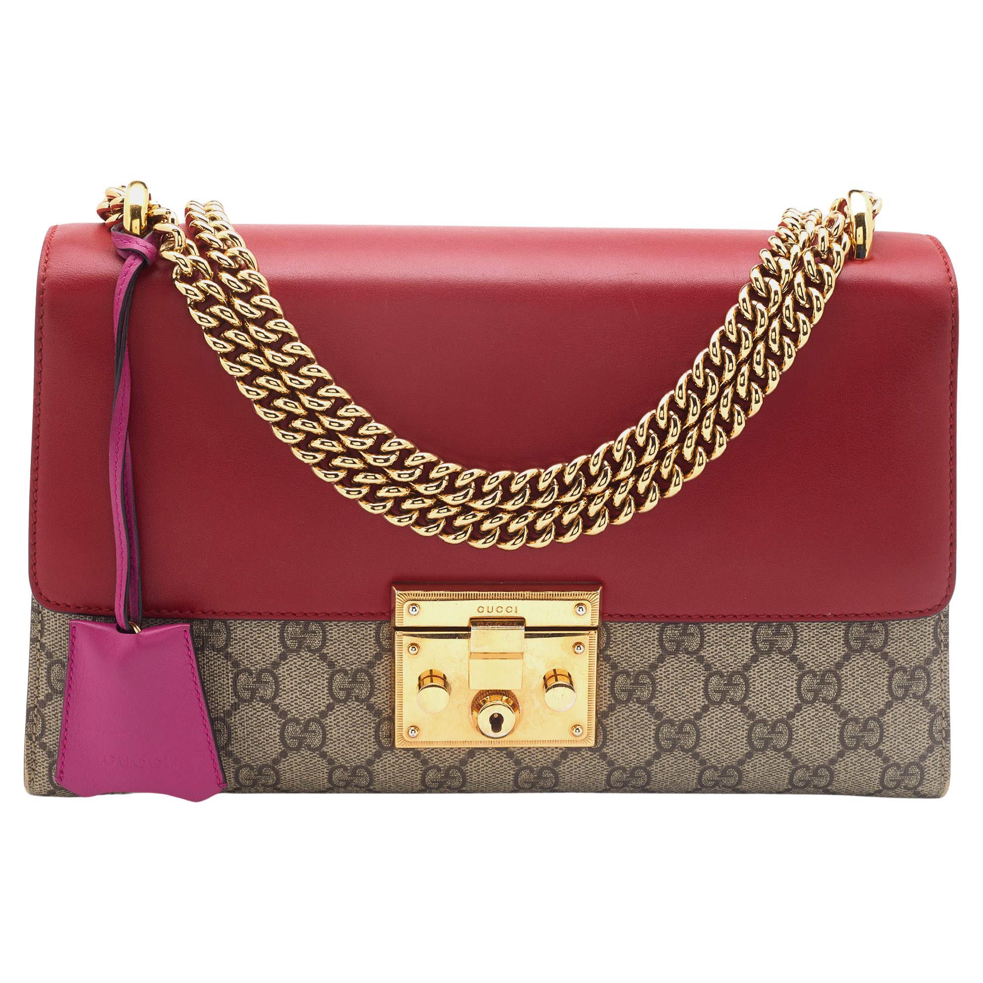 Gucci Red/Beige GG Supreme Coated Canvas Medium Padlock Shoulder Bag