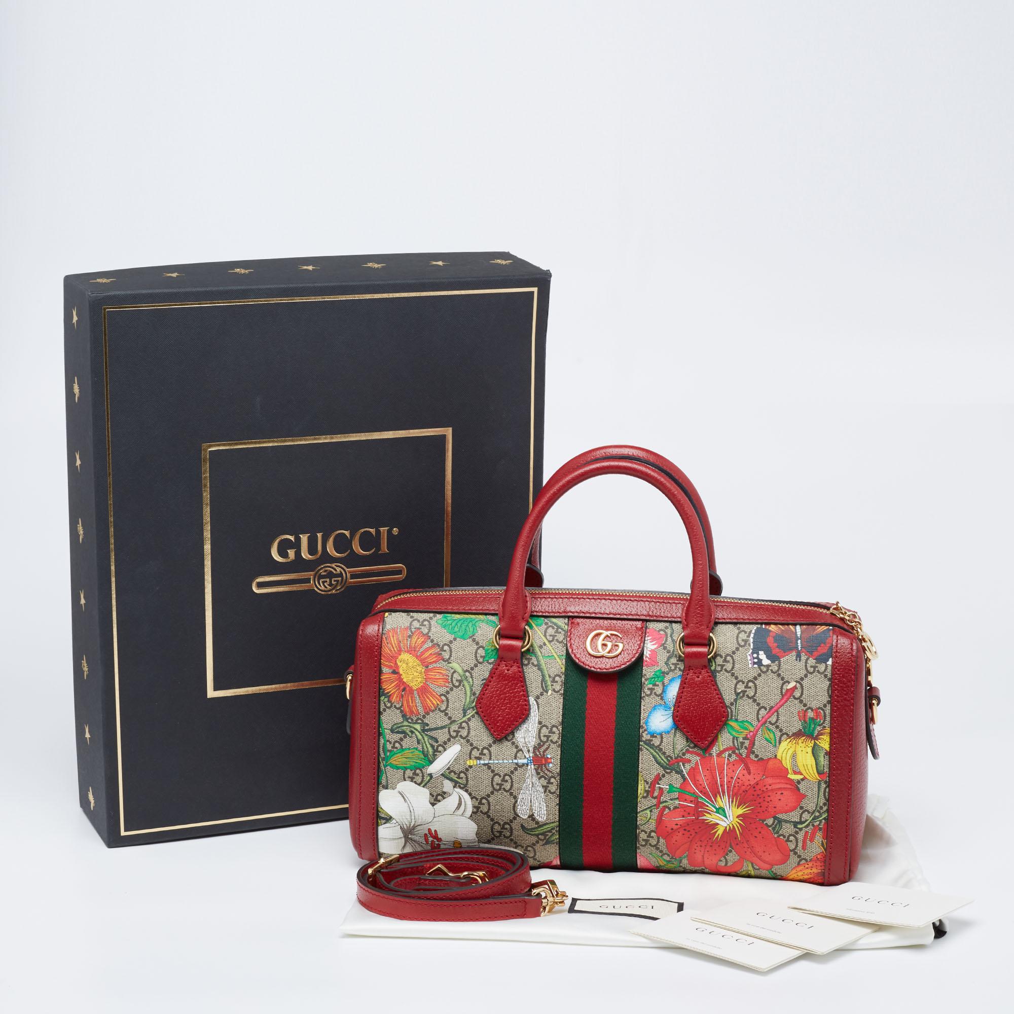 Gucci Red/Beige GG Supreme Flora Canvas and Leather Medium Ophidia Boston Bag 5
