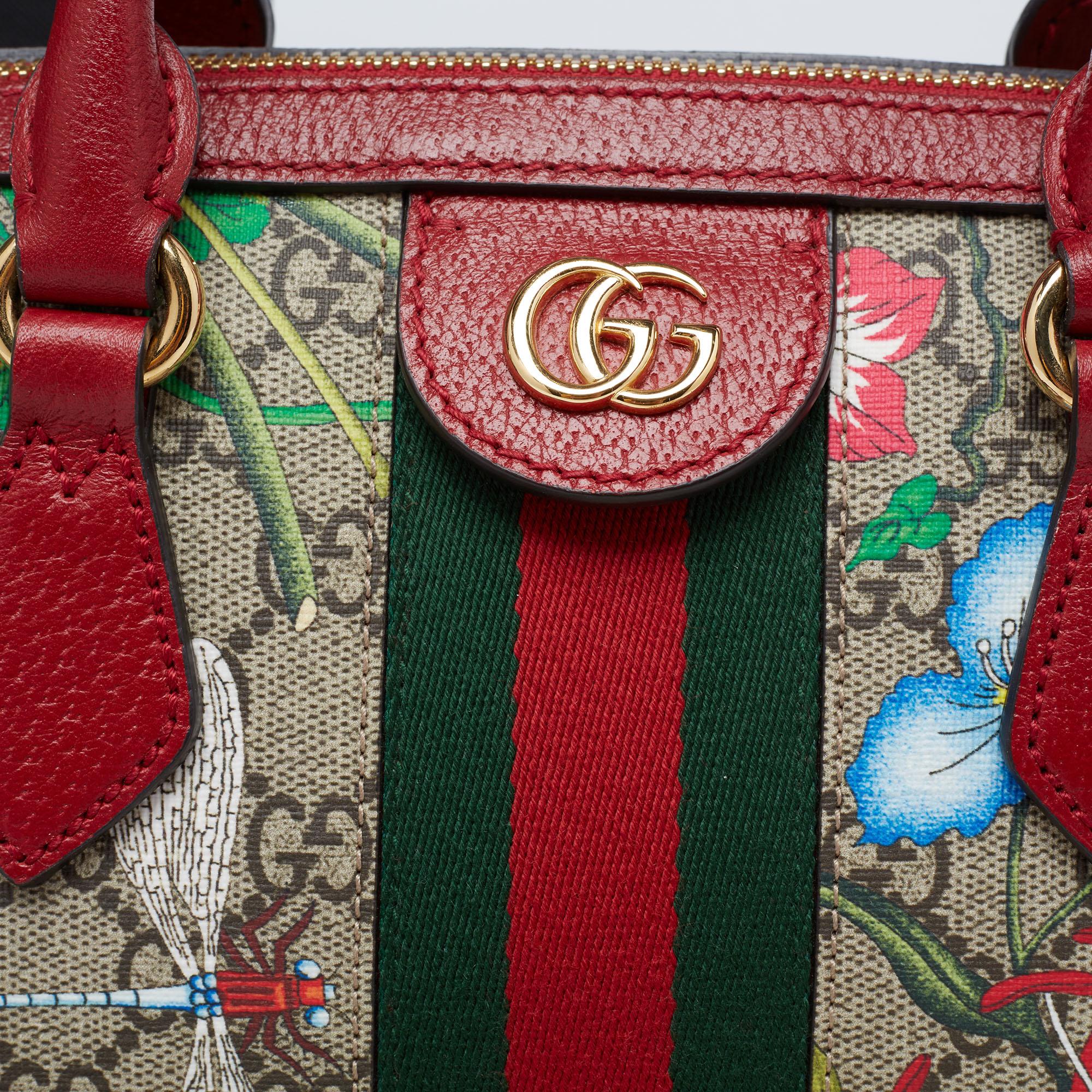 Gucci Red/Beige GG Supreme Flora Canvas and Leather Medium Ophidia Boston Bag In New Condition In Dubai, Al Qouz 2