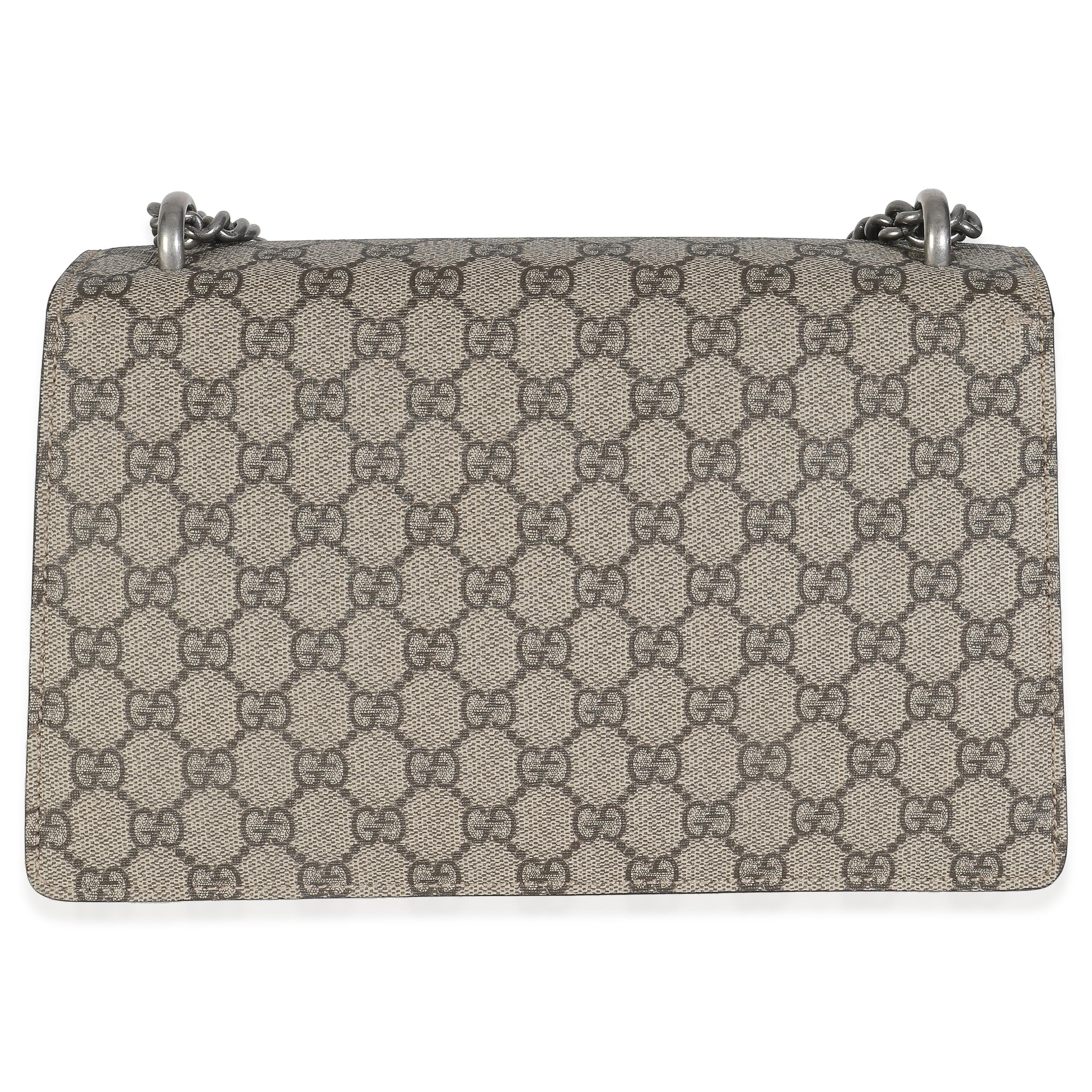 Listing Title: Gucci Red Beige GG Supreme Monogram Medium Dionysus Shoulder Bag
SKU: 147926
MSRP: 3100.00 USD
Condition: Pre-owned 
Condition Description: Taking the fashion sphere by storm in 2015, the Dionysus crossbody bag from Gucci was given