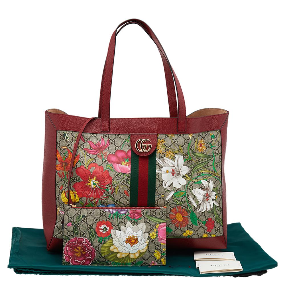 Gucci Red/Beige Leather And Coated Canvas Web GG Supreme Flora Ophidia Tote 7