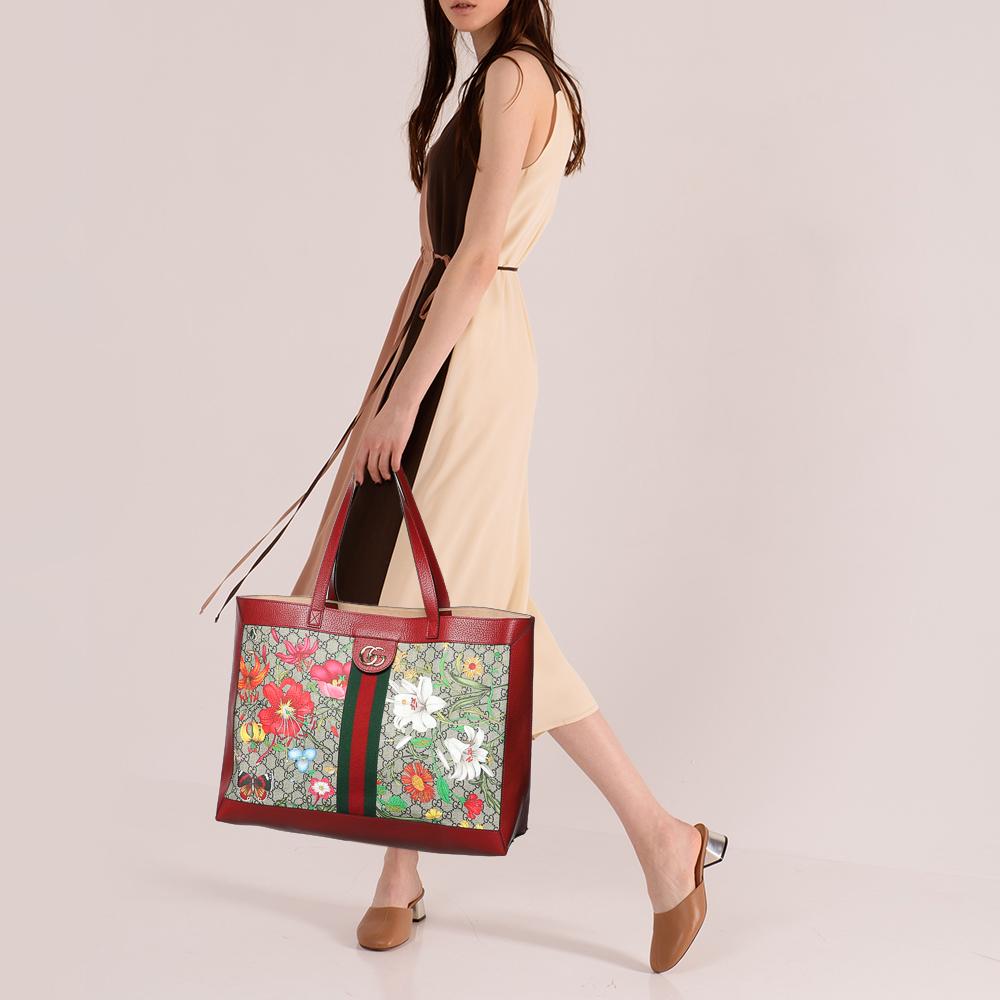 Brown Gucci Red/Beige Leather And Coated Canvas Web GG Supreme Flora Ophidia Tote