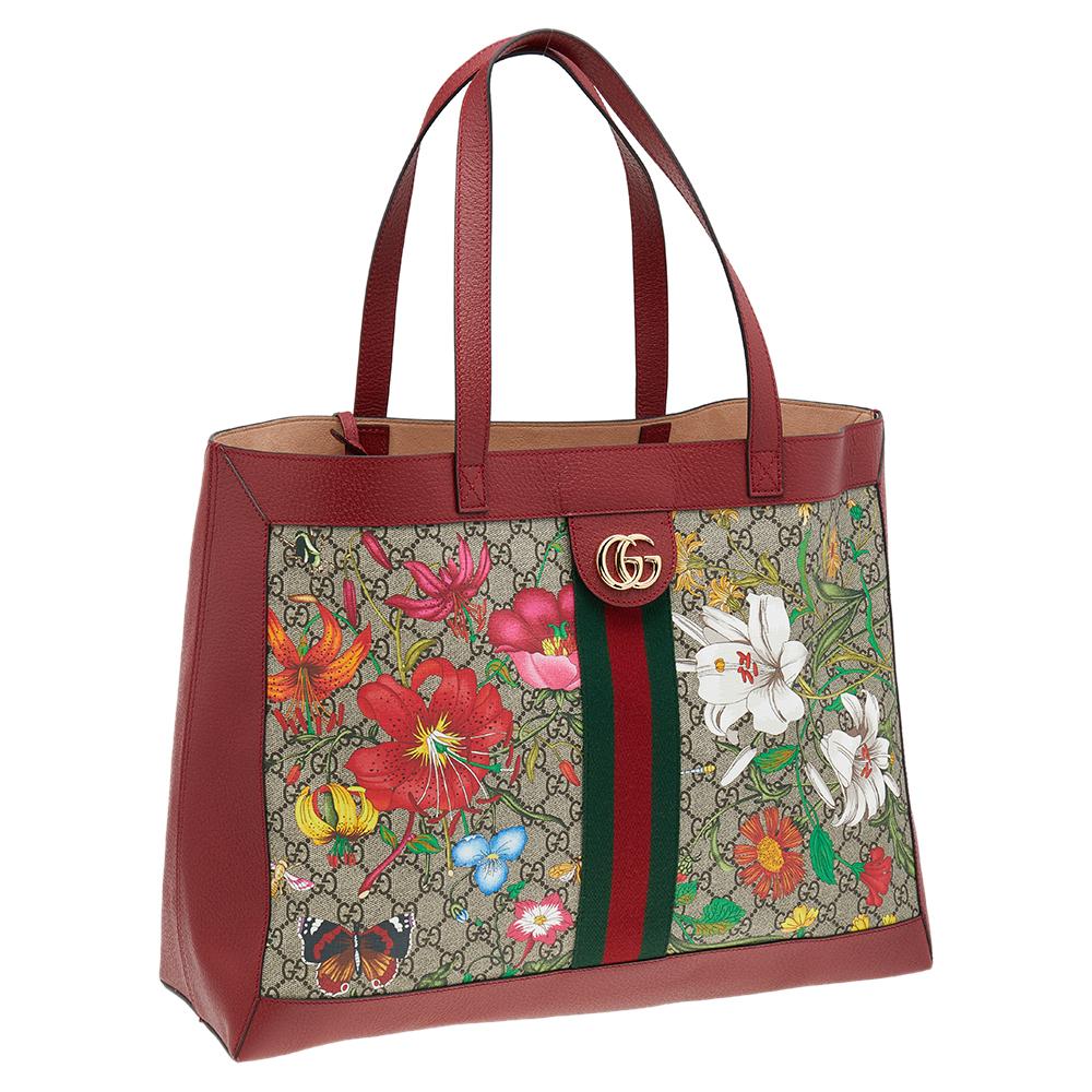 Gucci Red/Beige Leather And Coated Canvas Web GG Supreme Flora Ophidia Tote In Good Condition In Dubai, Al Qouz 2