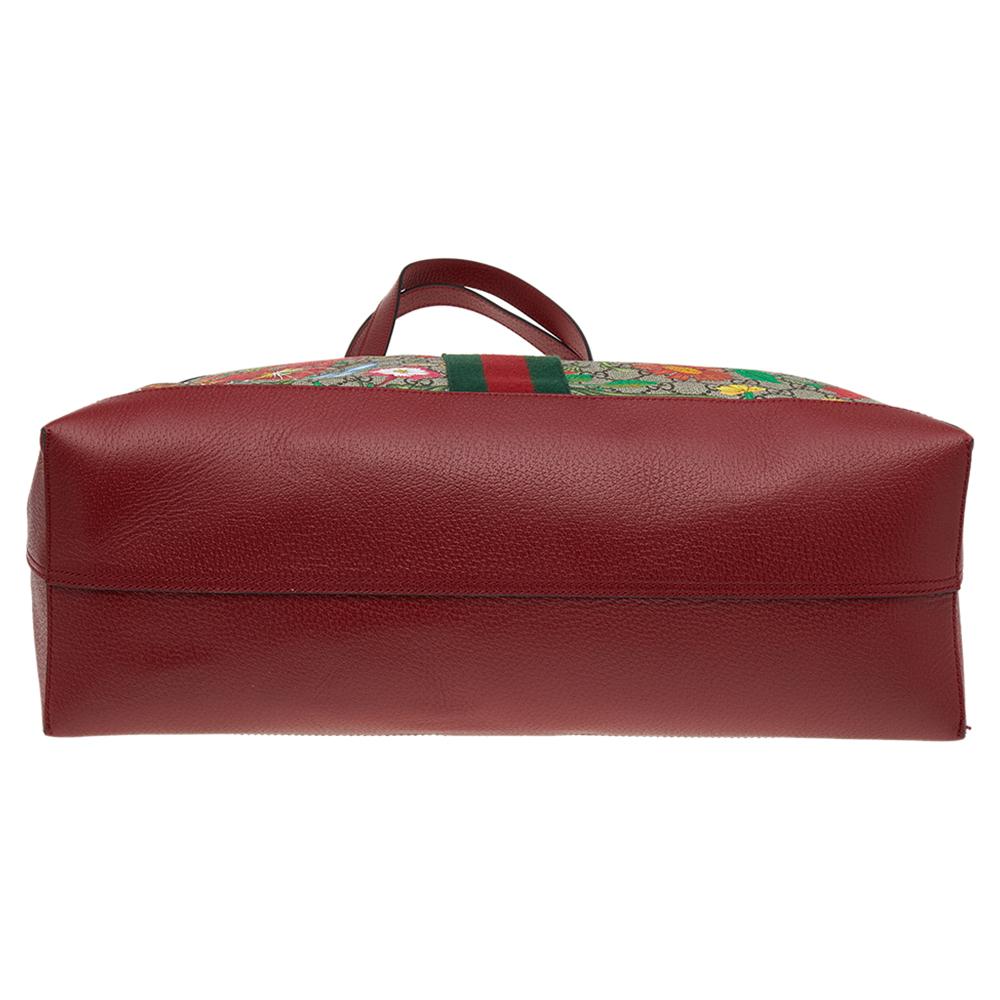Women's Gucci Red/Beige Leather And Coated Canvas Web GG Supreme Flora Ophidia Tote