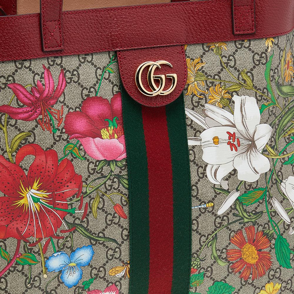 Gucci Red/Beige Leather And Coated Canvas Web GG Supreme Flora Ophidia Tote 1