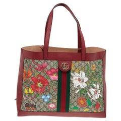Gucci Red/Beige Leather And Coated Canvas Web GG Supreme Flora Ophidia Tote