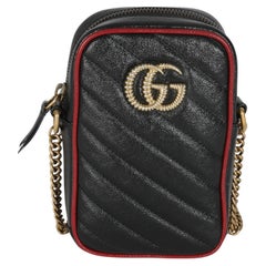 Gucci Red Black Calfskin Matelasse Mini GG Marmont Crossbody Bag