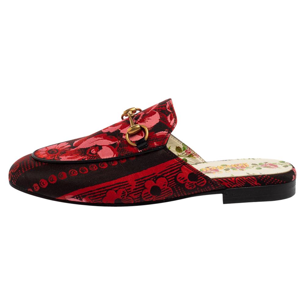 Gucci Red/Black Fabric Garden Princetown Flat Mules Size 35
