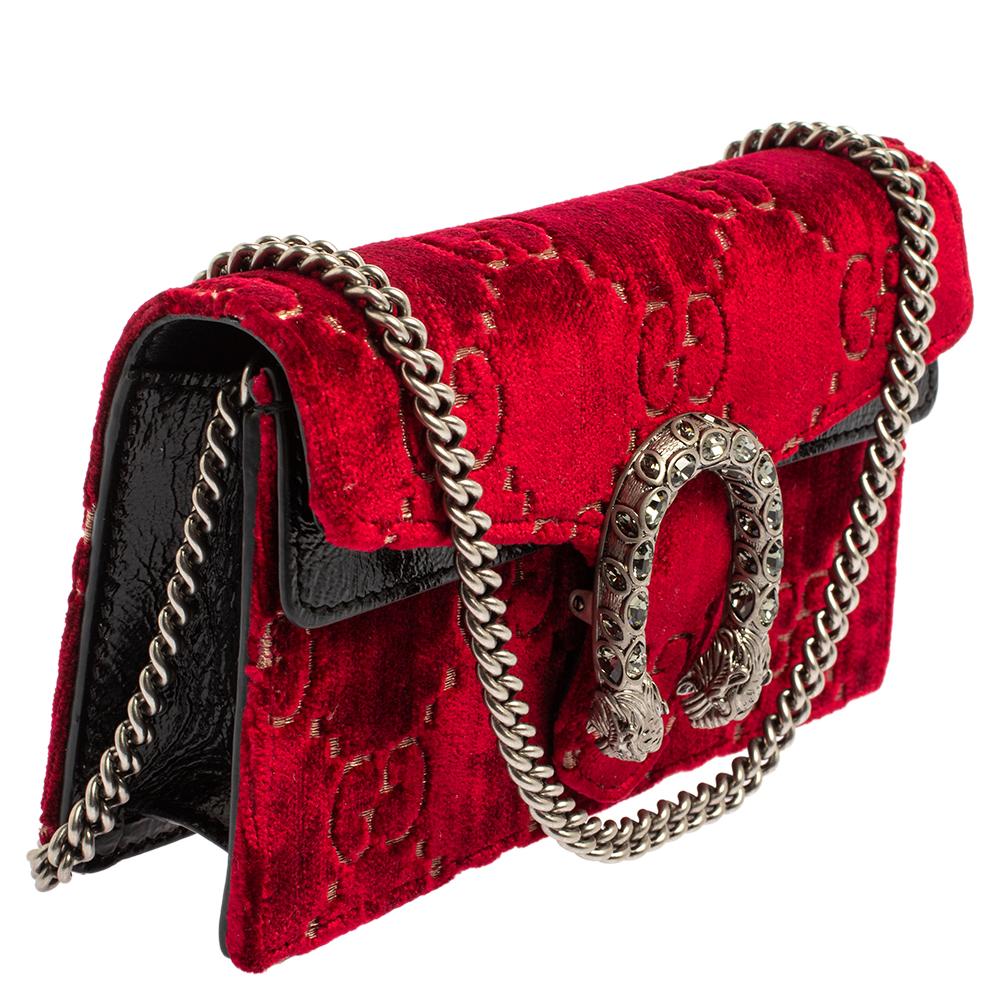 Women's Gucci Red/Black GG Velvet and Patent Leather Super Mini Dionysus Crossbody Bag