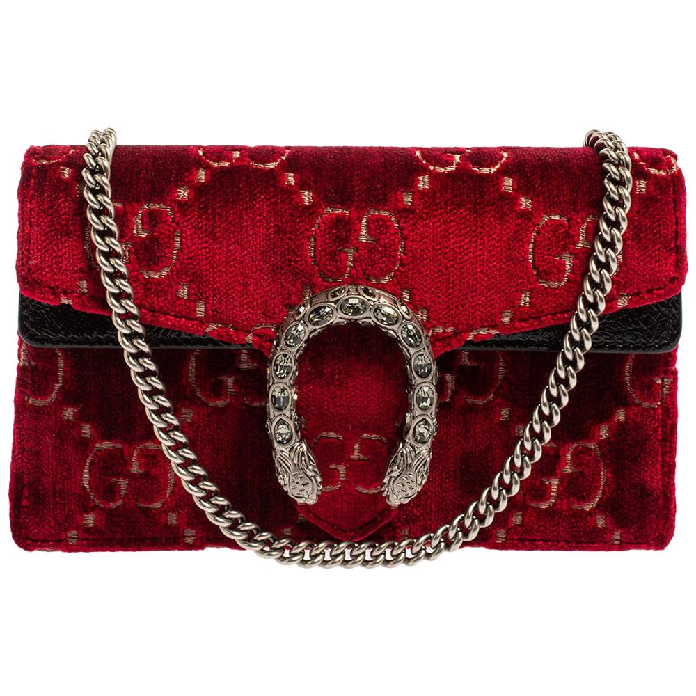 Gucci Red/Black GG Velvet and Patent Leather Super Mini Dionysus Crossbody Bag