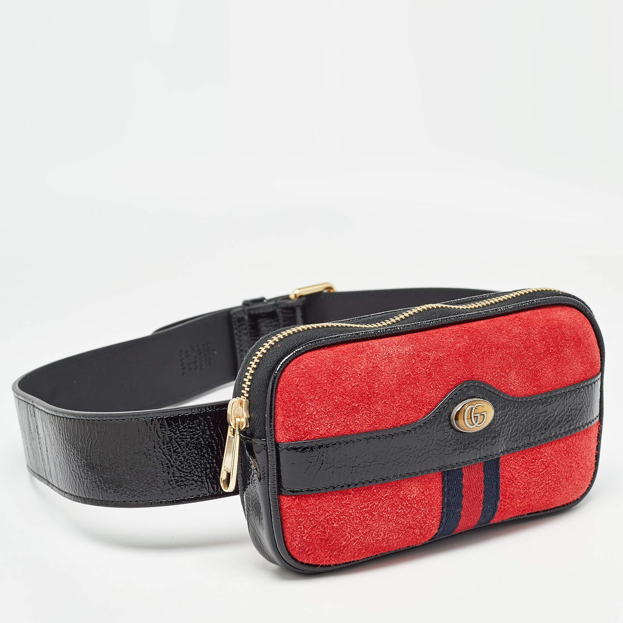Pink Gucci Red/Black Suede and Patent Leather Ophidia Belt Bag For Sale