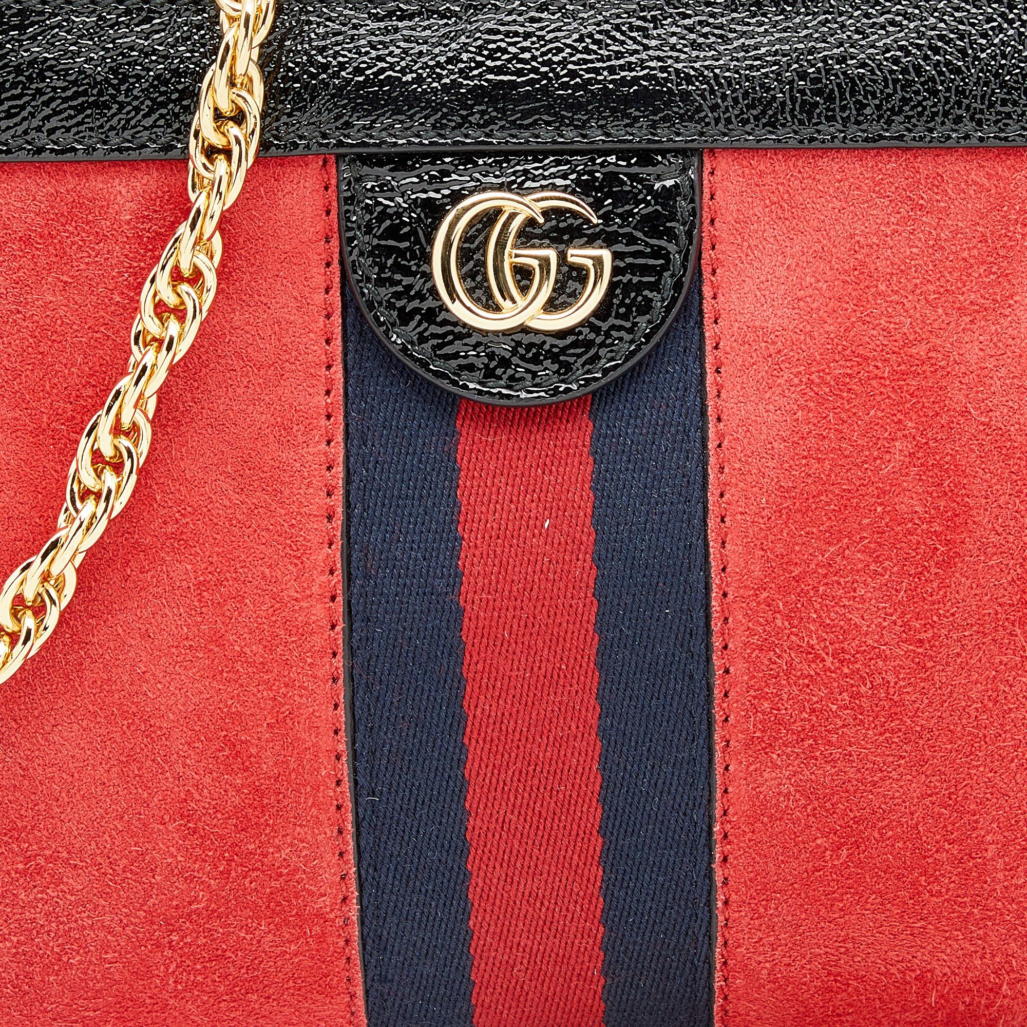 Gucci Red/Black Suede and Patent Leather Small Ophidia Shoulder Bag 4