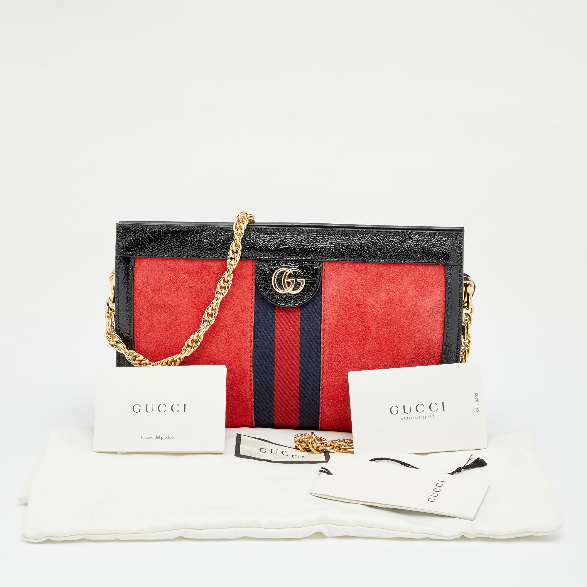 Gucci Red/Black Suede and Patent Leather Small Ophidia Shoulder Bag 6