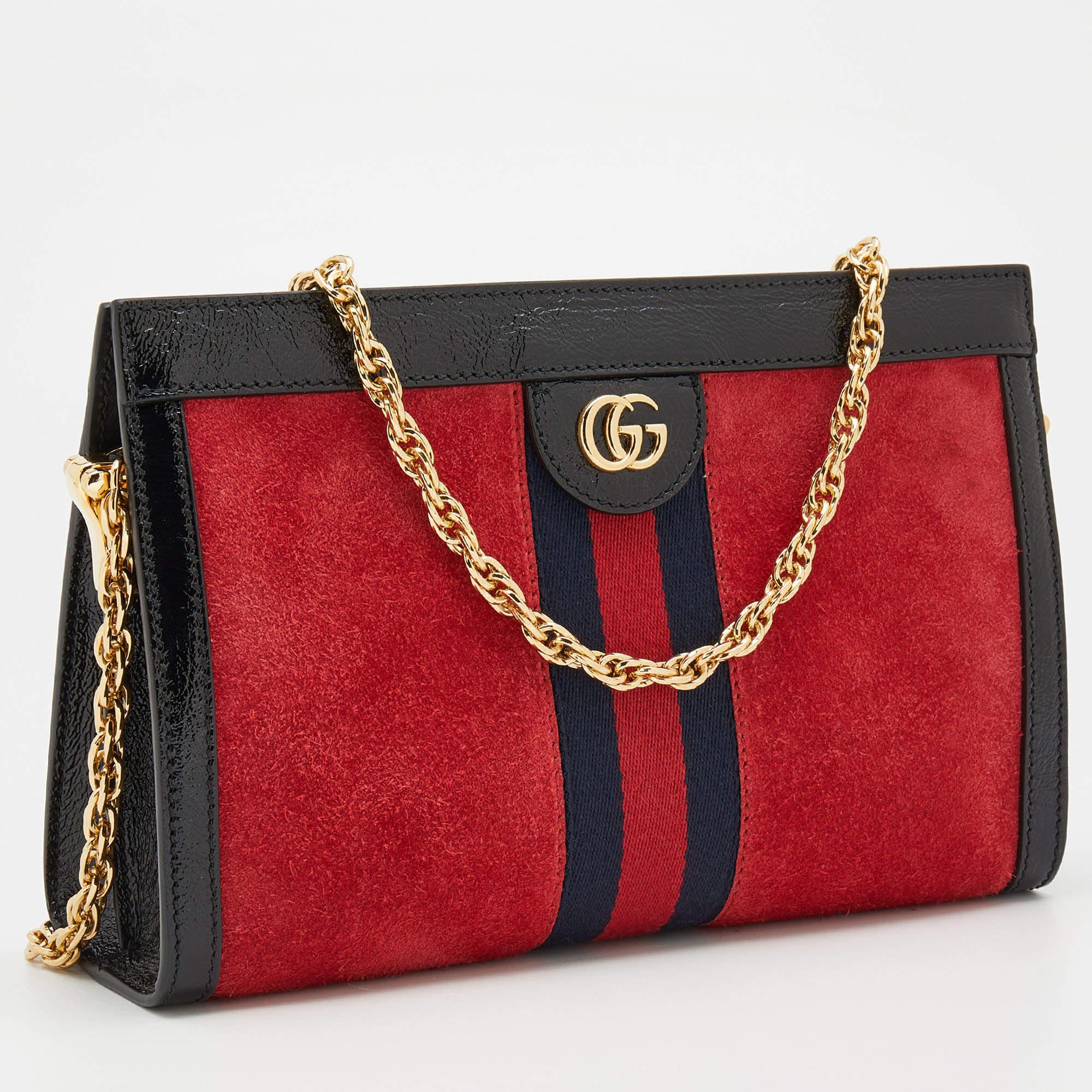 Women's Gucci Red/Black Suede and Patent Leather Small Ophidia Shoulder Bag