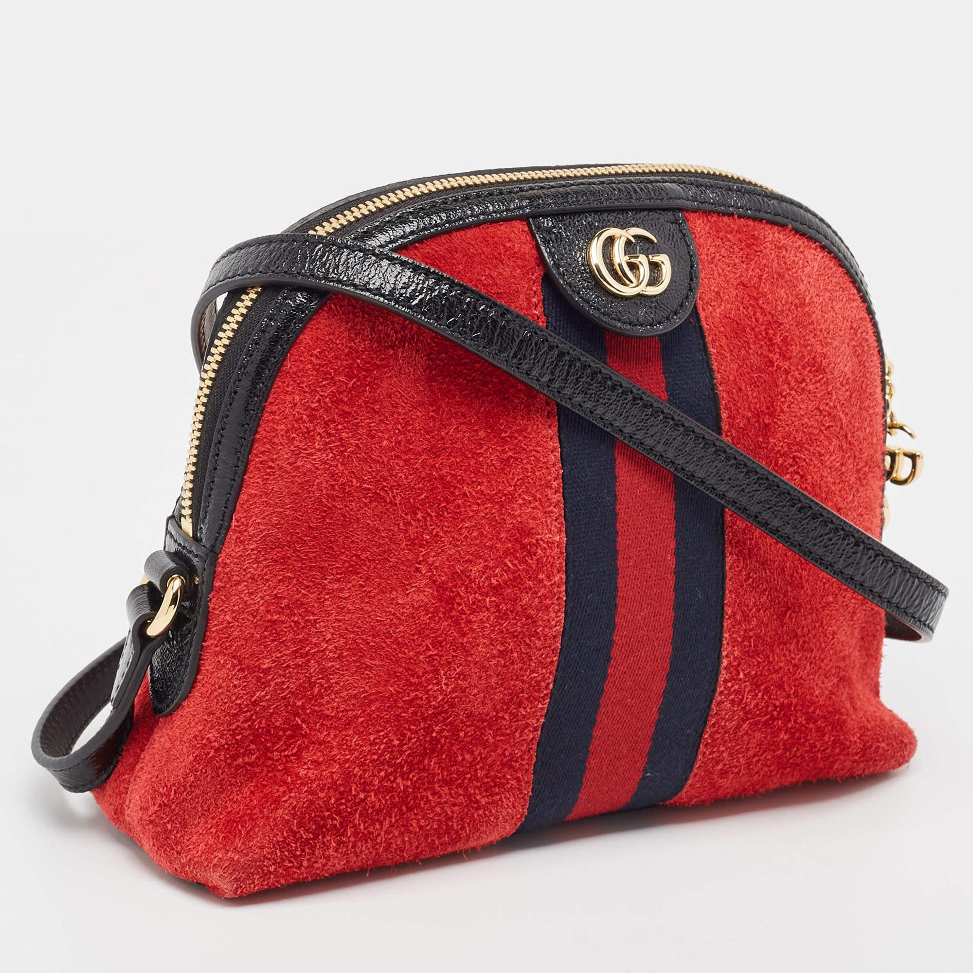 Gucci Red/Black Suede Small Web GG Ophidia Shoulder Bag In Excellent Condition For Sale In Dubai, Al Qouz 2