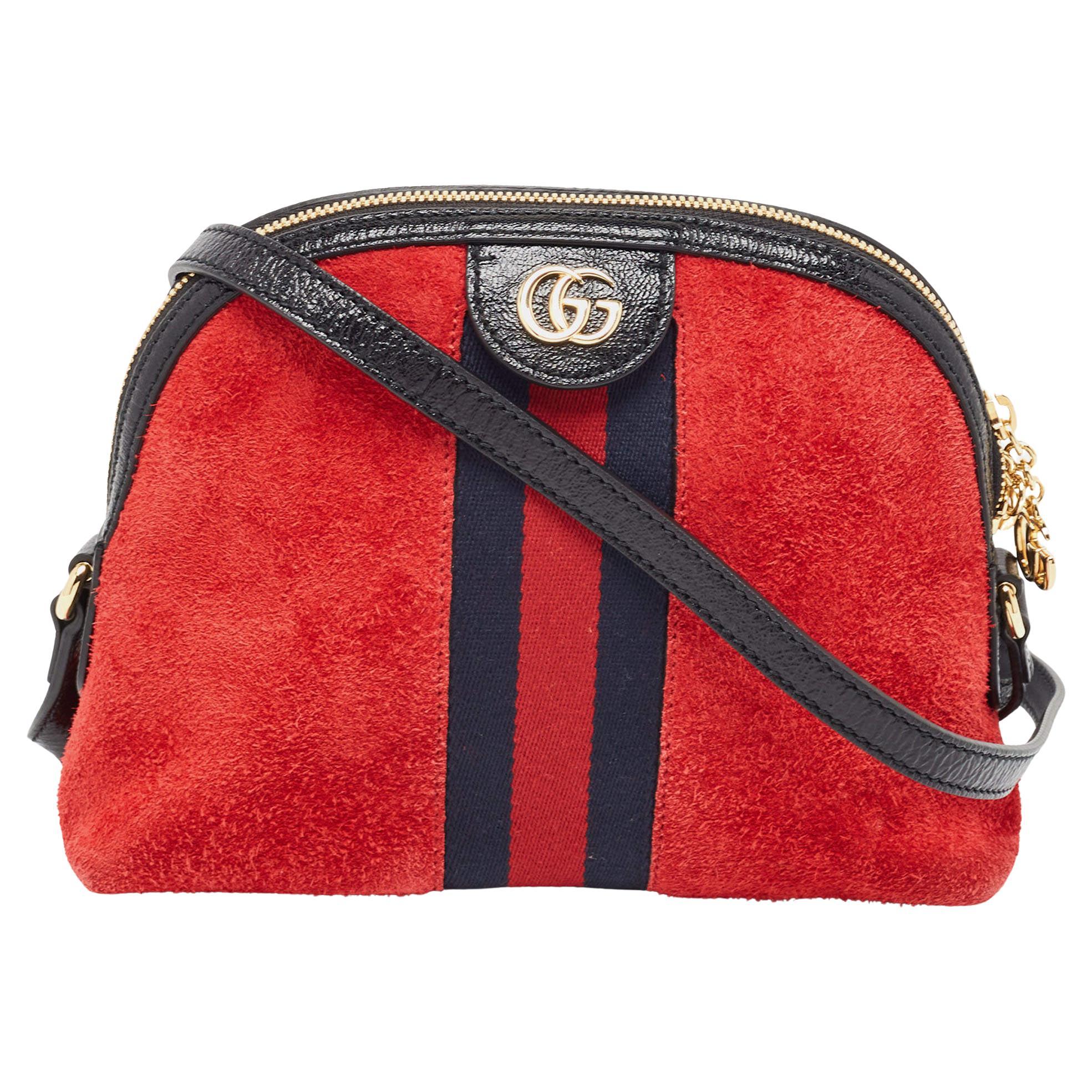 Gucci Red/Black Suede Small Web GG Ophidia Shoulder Bag For Sale