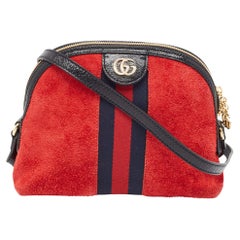 Used Gucci Red/Black Suede Small Web GG Ophidia Shoulder Bag