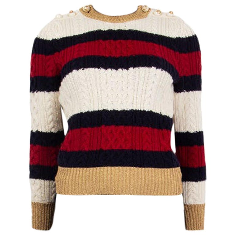 GUCCI red blue black white wool STRIPED CABLE-KNIT Sweater S at 1stDibs