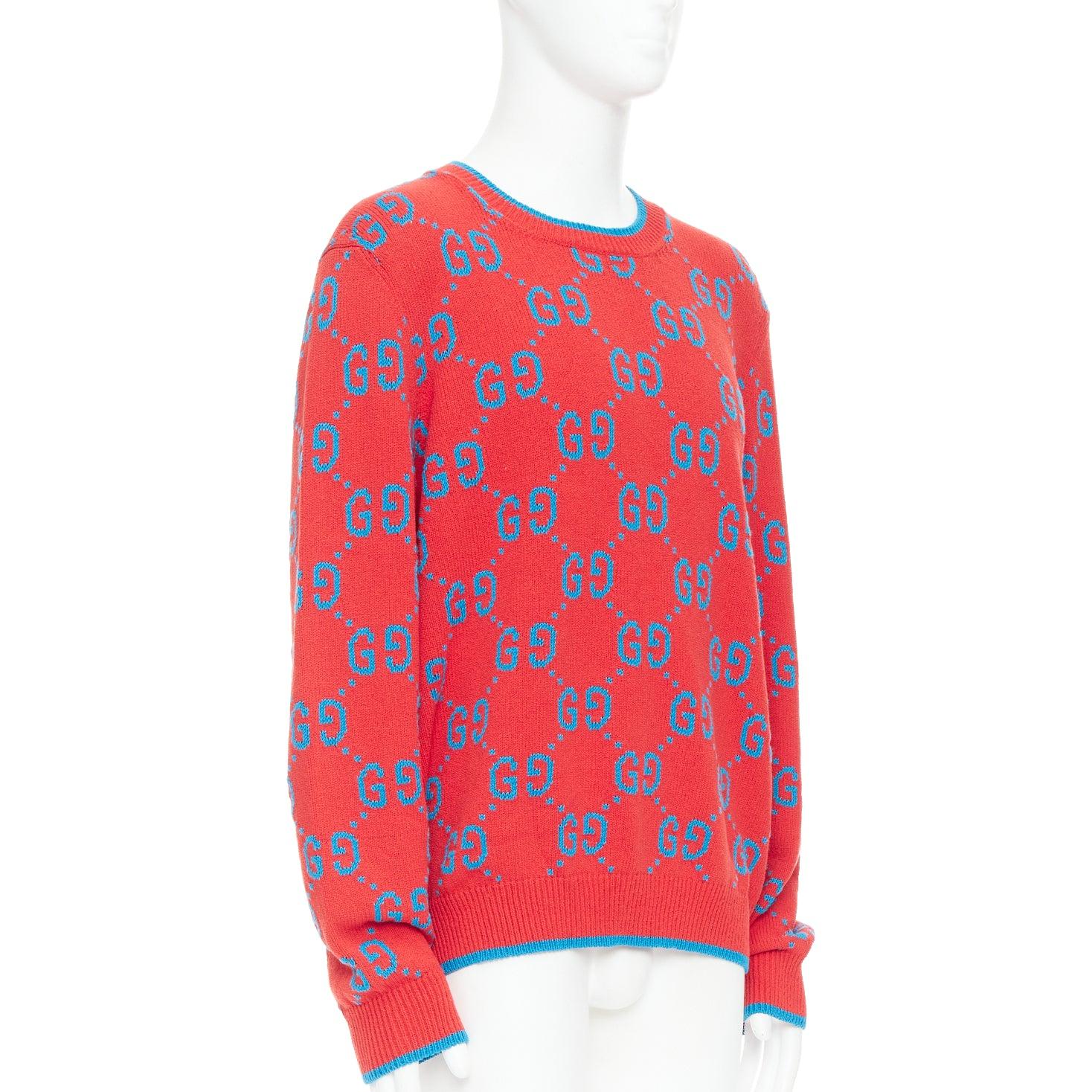 Red GUCCI red blue cotton blend GG monogram intarsia sweater XL