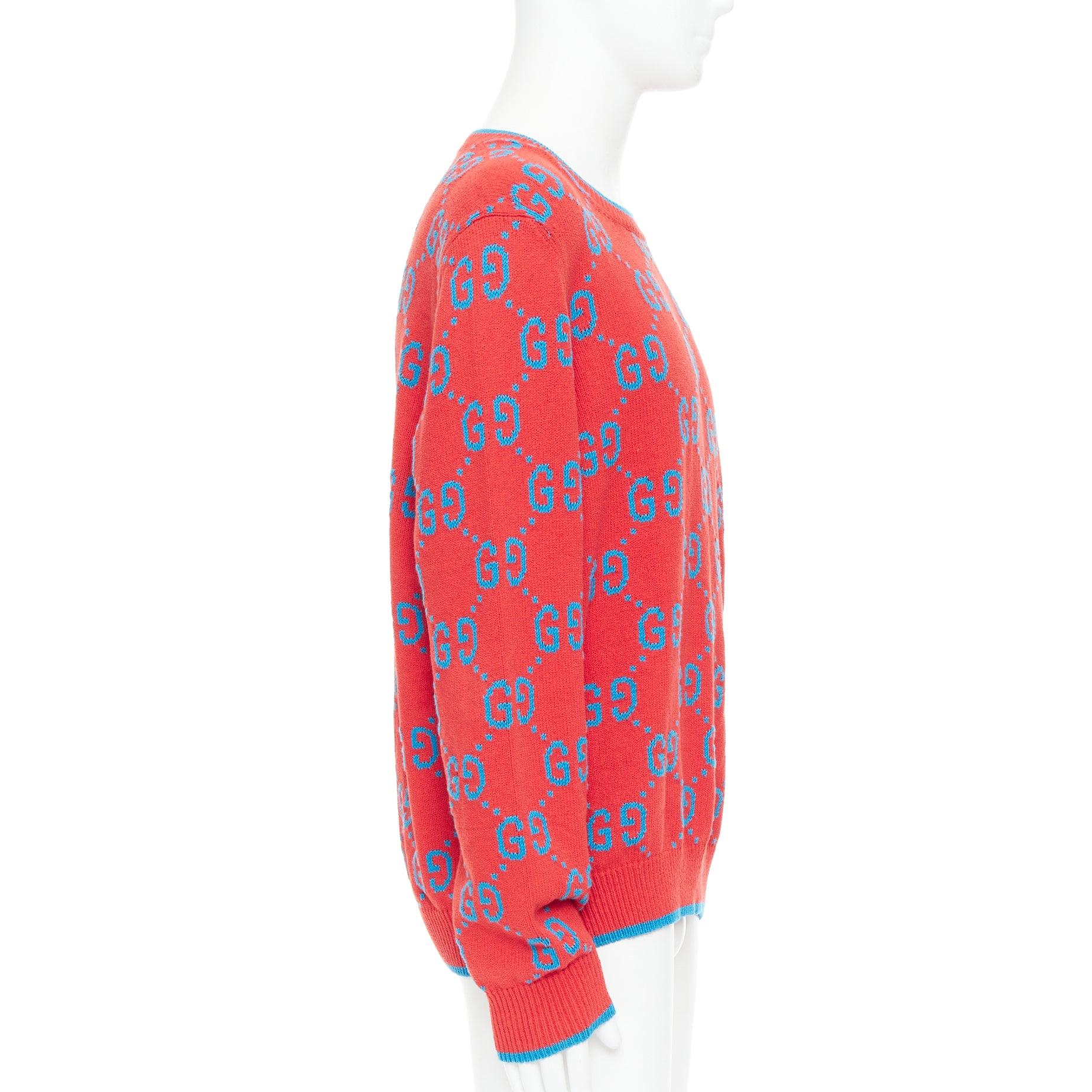 GUCCI red blue cotton blend GG monogram intarsia sweater XL In Excellent Condition In Hong Kong, NT