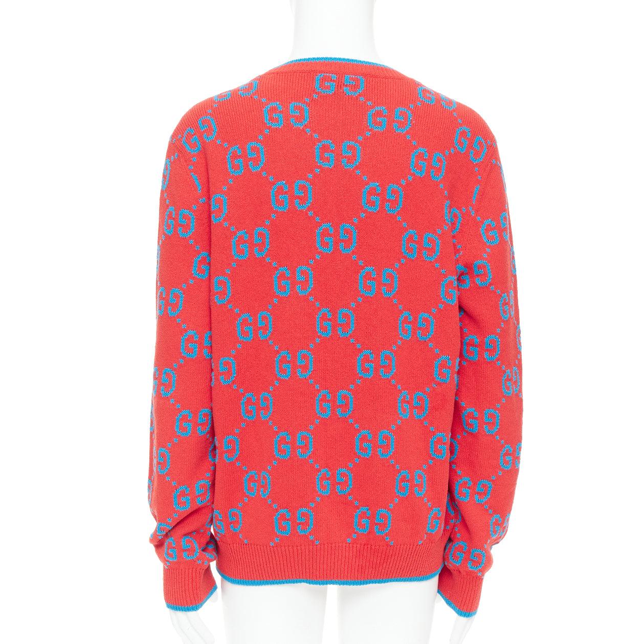 Men's GUCCI red blue cotton blend GG monogram intarsia sweater XL