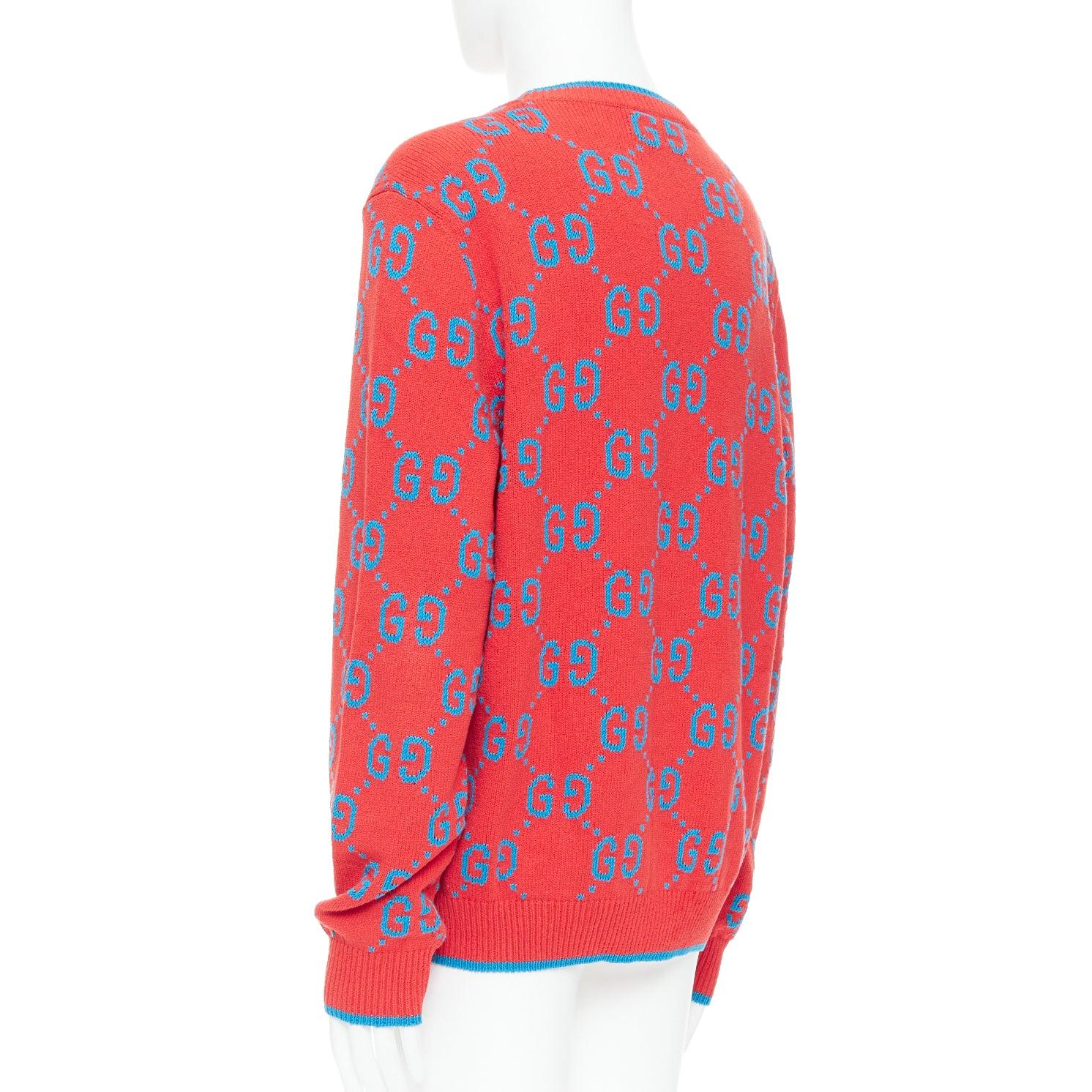 GUCCI red blue cotton blend GG monogram intarsia sweater XL 1