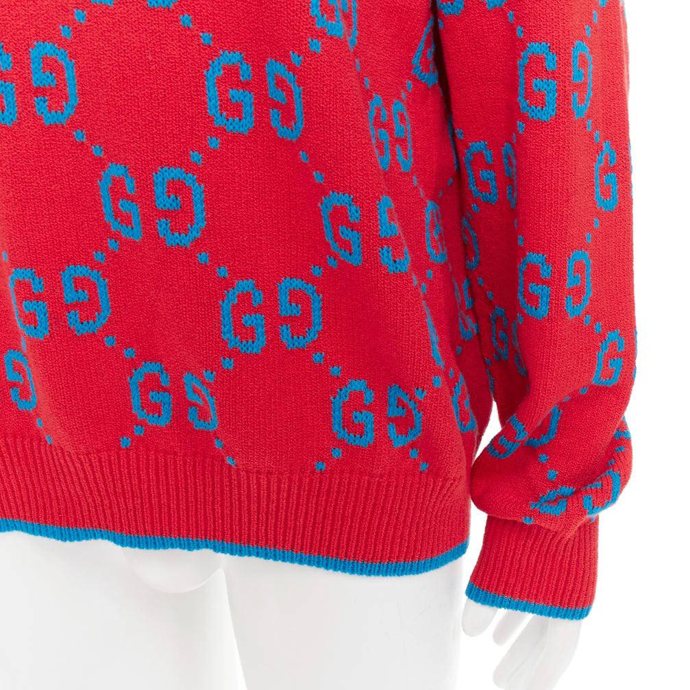 GUCCI red blue cotton blend GG monogram intarsia sweater XL 2