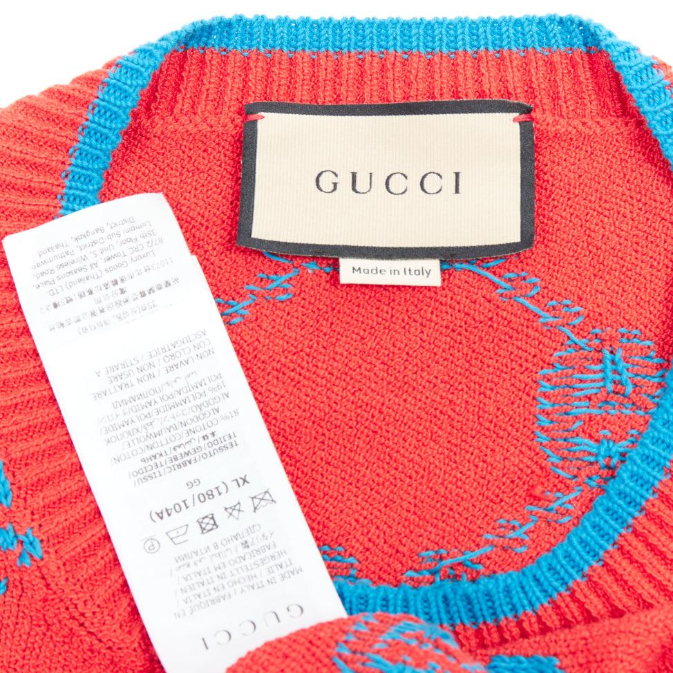 GUCCI red blue cotton blend GG monogram intarsia sweater XL 3