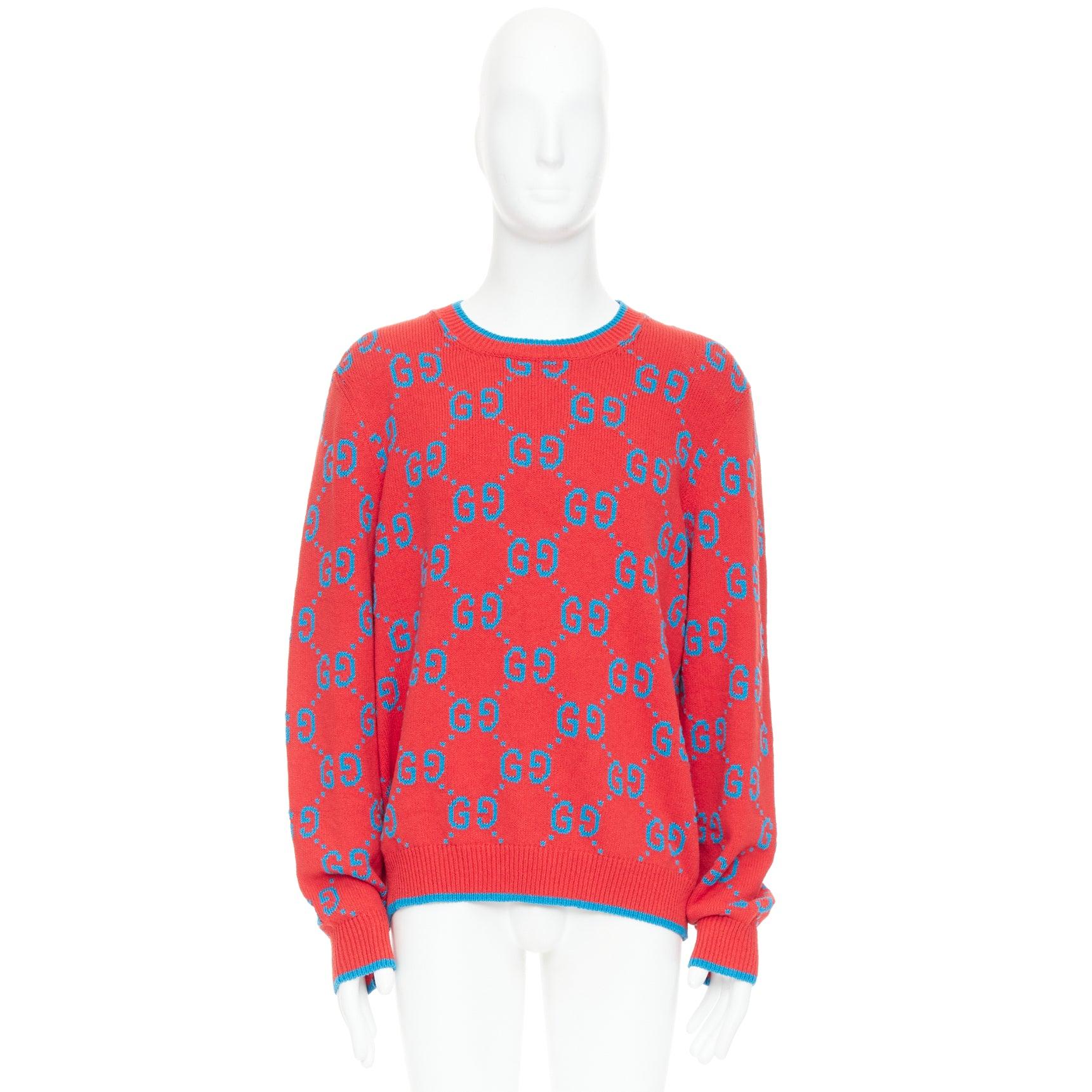 GUCCI red blue cotton blend GG monogram intarsia sweater XL 4