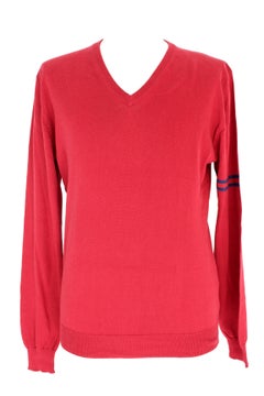 Gucci Red Blue Cotton V Neck Classic Sweater