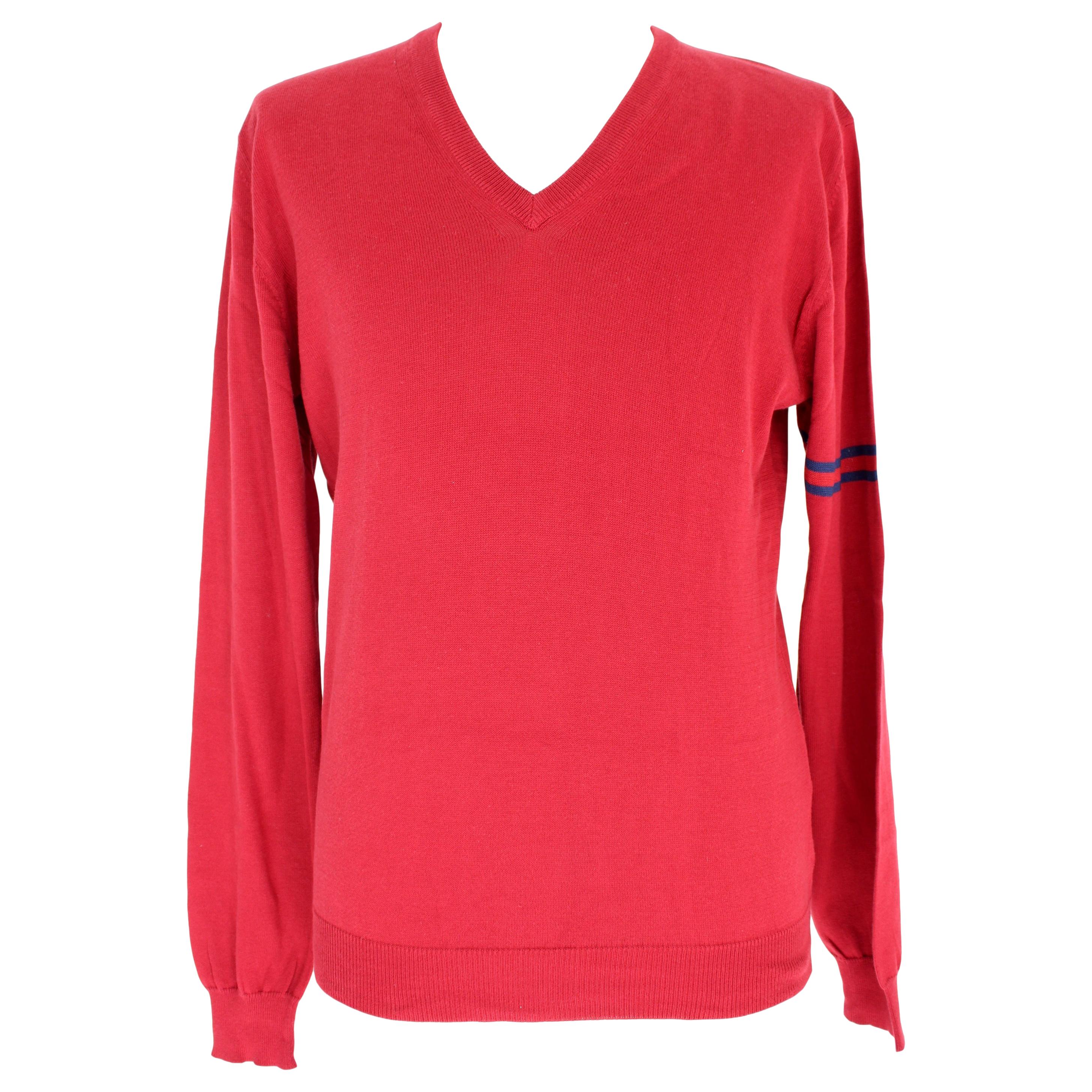 Gucci Red Blue Cotton V Neck Classic Sweater