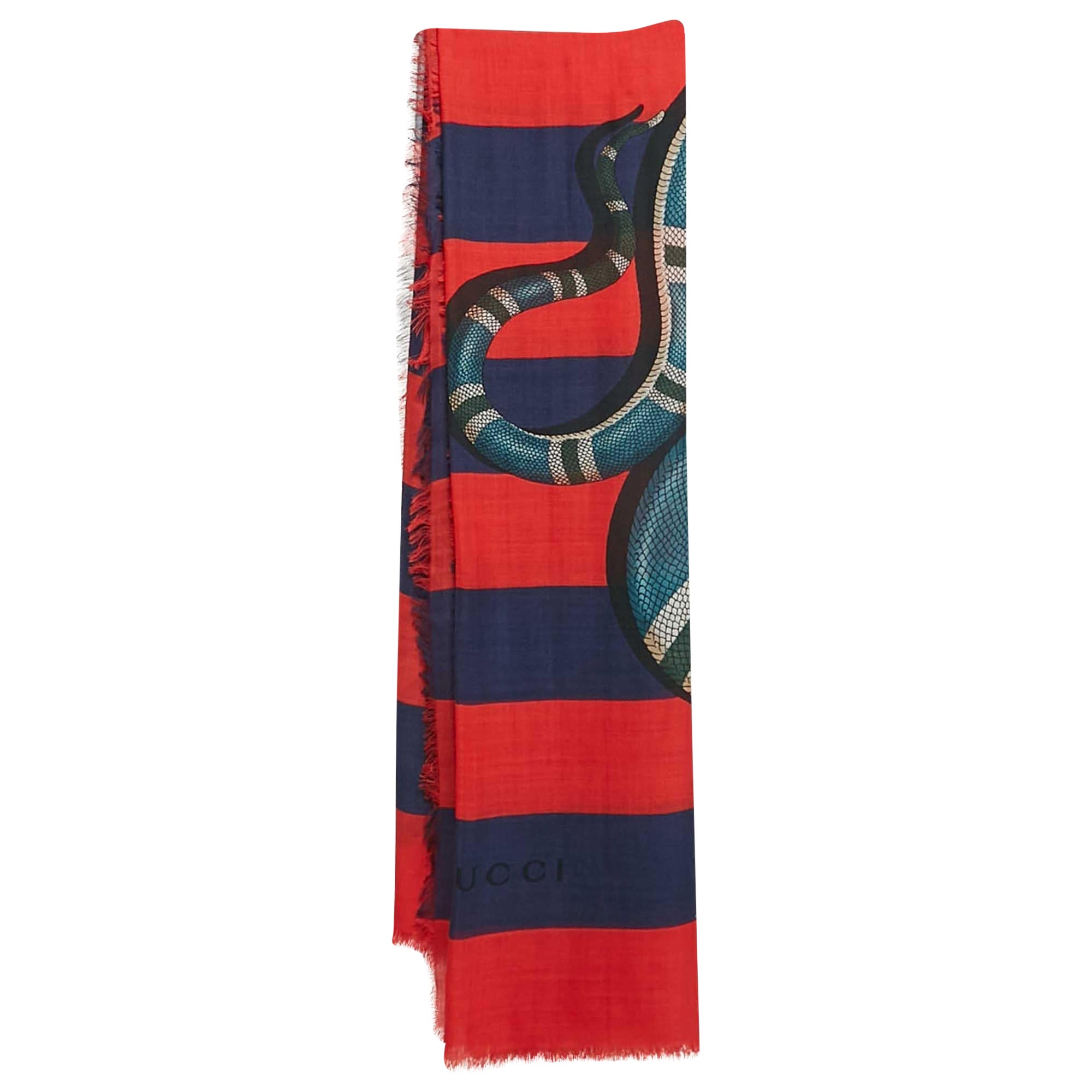 Gucci Sciarpa in seta a righe con stampa Kingsnake rosso/blu