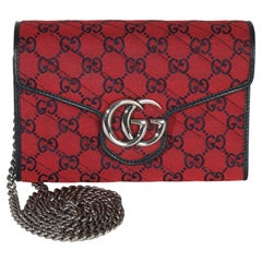Gucci Red Blue Matelasse Diagonal Canvas GG Marmont Chain Wallet