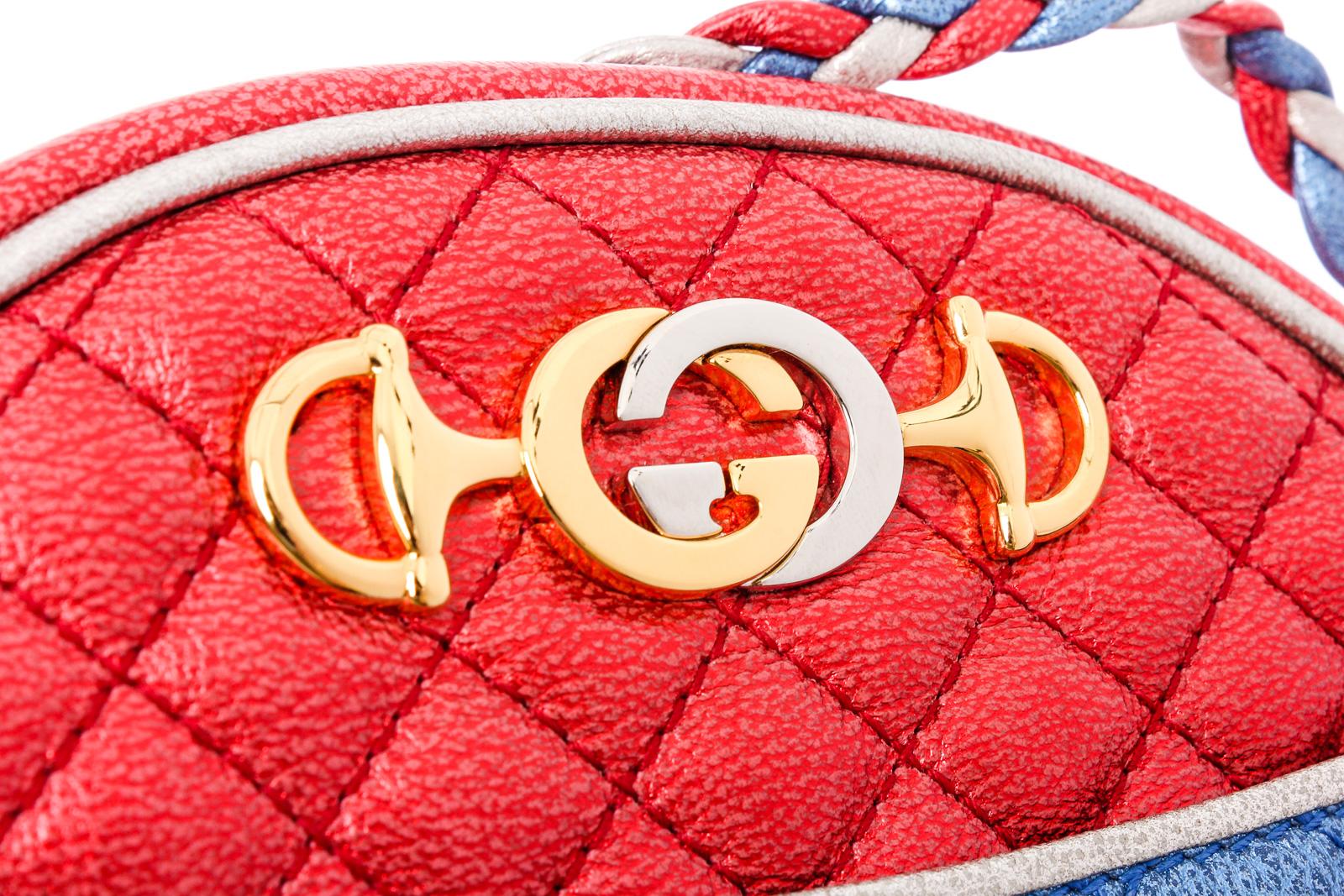 Gray Gucci Red Blue Metallic Quilted Leather Mini Dome Trapuntata Crossbody Bag