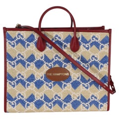 Gucci Red Blue Multicolor 'The Hamptons' GG Raffia Large Tote