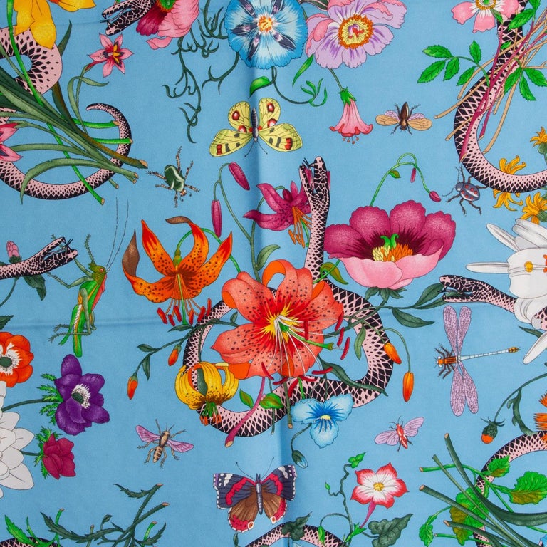 Gucci Scarf Garden Print Stall Shawl Flower Snake Butterfly Multi Colored